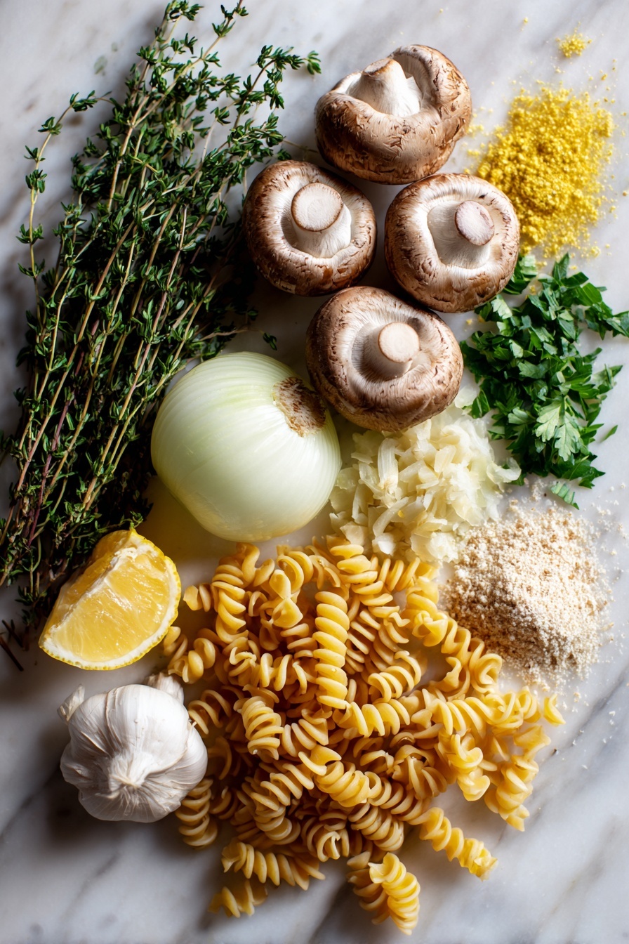 Vegan Mushroom Stroganoff - Flat lay of fresh white and brown mushrooms sliced with their natural soft textures, a half medium yellow onion with visible layers, several garlic cloves whole and peeled showing smooth, pale skin, sprigs of fresh green thyme with delicate leaves, a small pile of golden nutritional yeast flakes, a fresh bunch of bright green parsley leaves finely chopped, a wedge of lemon yellow Dijon mustard with creamy texture, and a cluster of uncooked rotini pasta in pale yellow spirals, all beautifully arranged in a balanced and natural way, placed on white marbled surface, photo taken with an iphone --ar 2:3 --v 7