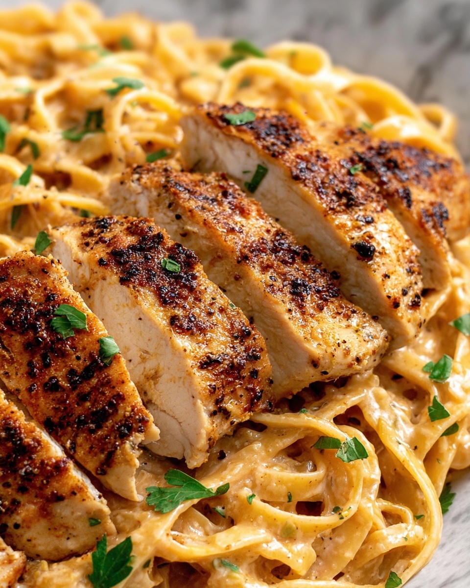 Cajun Chicken Pasta - A white pan holds a dish with three main layers. The bottom layer is a creamy, light beige sauce covering the whole pan. Above the sauce, there is a nest of flat fettuccine pasta in a light golden color, tangled together. On the top layer, there are several pieces of grilled chicken with a golden-brown, slightly charred surface, arranged evenly around the pan. Small bits of green herbs sprinkle the chicken and pasta, adding a touch of color. The pan rests on a white marbled surface with a blue and white striped cloth beside it. Photo taken with an iphone --ar 2:3 --v 7