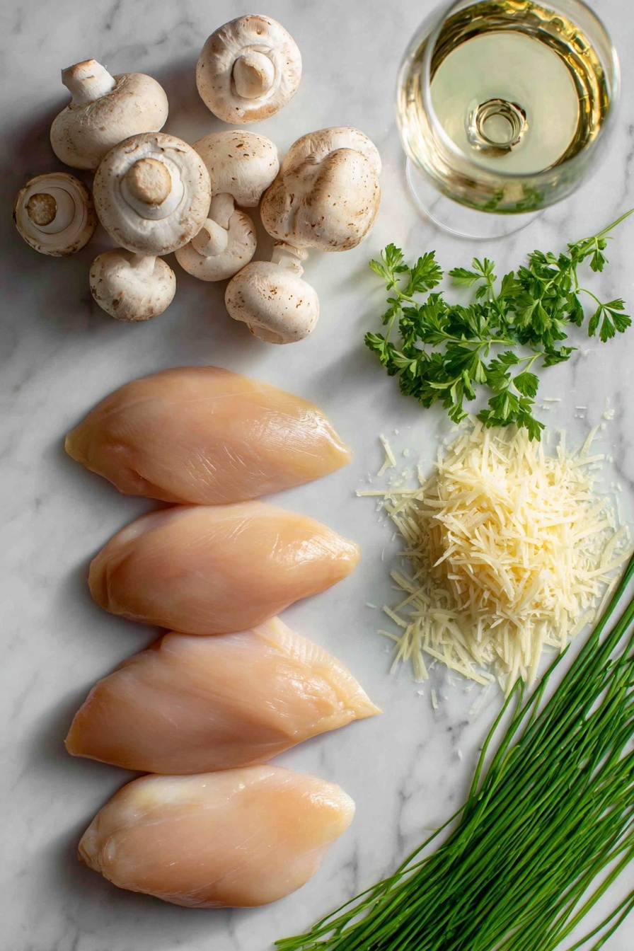 chicken with mushroom sauce - Flat lay of four plump, raw boneless skinless chicken breasts with a pale pink hue next to a cluster of fresh white button mushrooms with smooth caps, bright green sprigs of parsley and slender chives adding vibrant contrast, three garlic cloves with papery white skins slightly cracked open, a small pile of finely grated Parmesan cheese showing soft, pale yellow shreds, a wedge of lemon with bright yellow rind and juicy interior, and a few glossy green olive oil olives scattered gently, all arranged naturally with soft shadows and textures visible, placed on white marbled surface, photo taken with an iphone --ar 2:3 --v 7