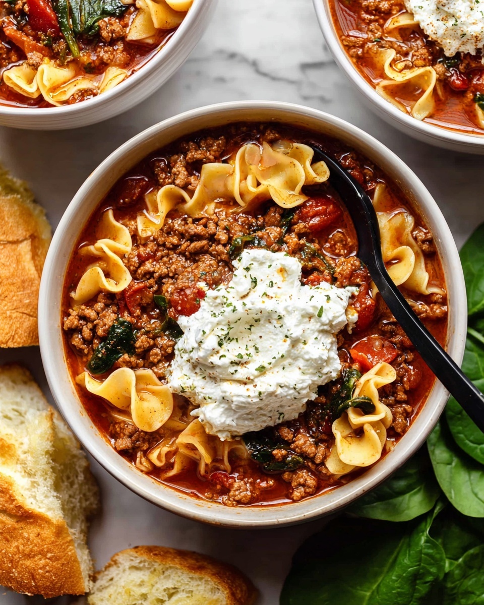 A white bowl filled with a rich lasagna soup showing three layers: the bottom has a thick tomato broth with chunks of cooked ground meat and diced tomatoes in deep red and brown colors; the middle layer has wide, wavy-edged pasta noodles in yellow, partially submerged and floating; the top layer has a dollop of soft, creamy white cheese mixture with herbs sprinkled throughout. A black spoon stands upright inside the bowl, and some torn pieces of bread rest nearby on a dark wooden surface. Green spinach leaves are placed in the background for color contrast. Photo taken with an iphone --ar 2:3 --v 7