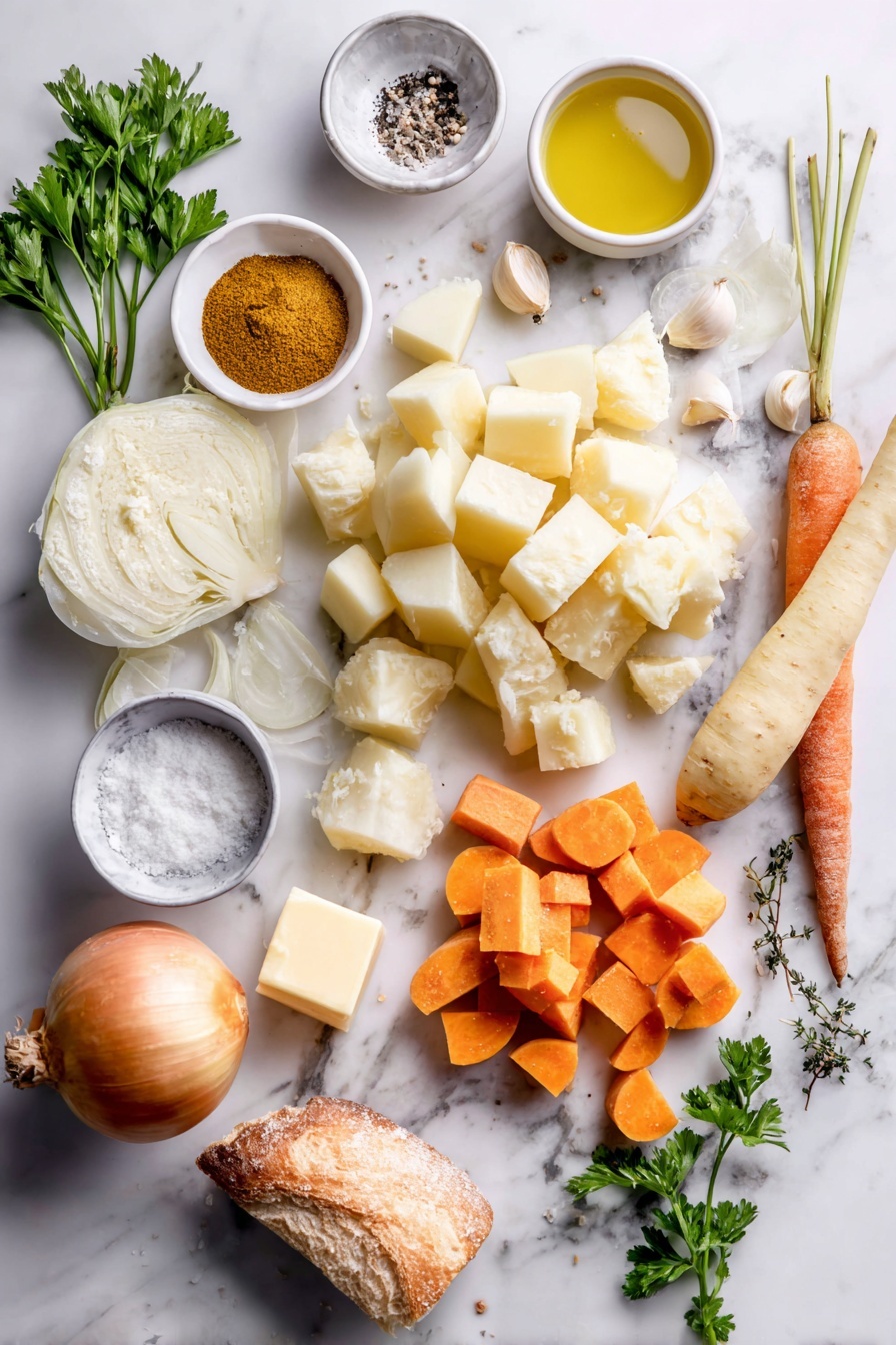 Flat lay of a large peeled potato cut into chunks, a medium sweet potato peeled and cubed, two medium carrots sliced, a small parsnip cut into pieces, a small peeled celeriac in chunks, a chopped onion in large dice, three garlic cloves, a small dish of golden olive oil, a pat of unsalted butter, a small bowl of curry powder, a sprinkle of dried thyme leaves, a small bowl of thick cream, salt and black pepper scattered nearby, fresh parsley leaves, and a piece of crusty bread placed on a white marble surface, photo taken with an iphone --ar 2:3 --v 7