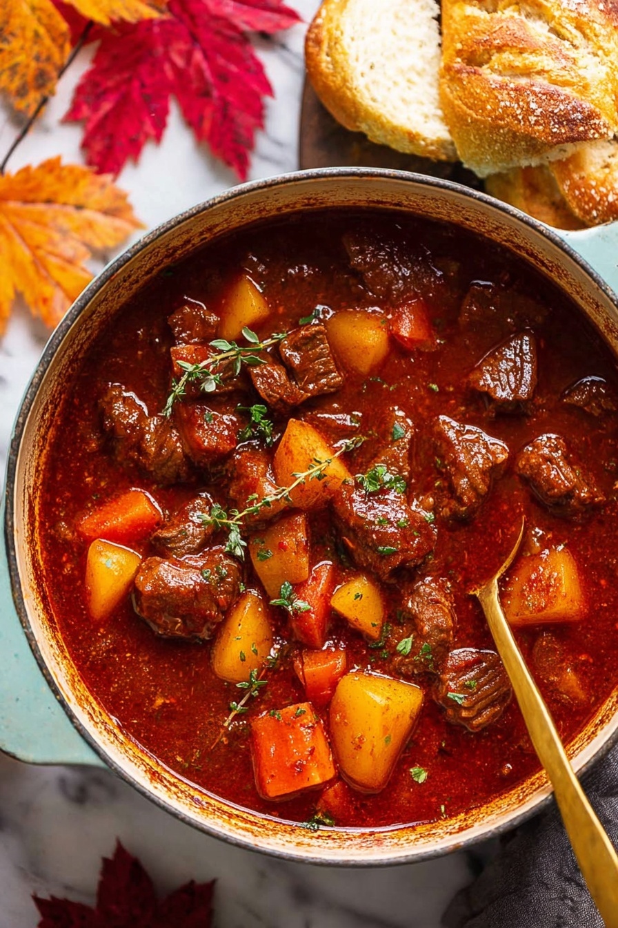 The dish is a rich, dark red stew with visible chunks of tender brown meat and evenly cut pieces of orange and yellow vegetables, likely carrots and potatoes, all floating in a thick sauce. The stew fills a round light blue pot with slight browning on the rim, and a golden spoon is placed inside the pot on the right side. The background features a few torn pieces of light brown bread and some vibrant autumn leaves in red, orange, and yellow, placed on a white marbled surface photo taken with an iphone --ar 2:3 --v 7