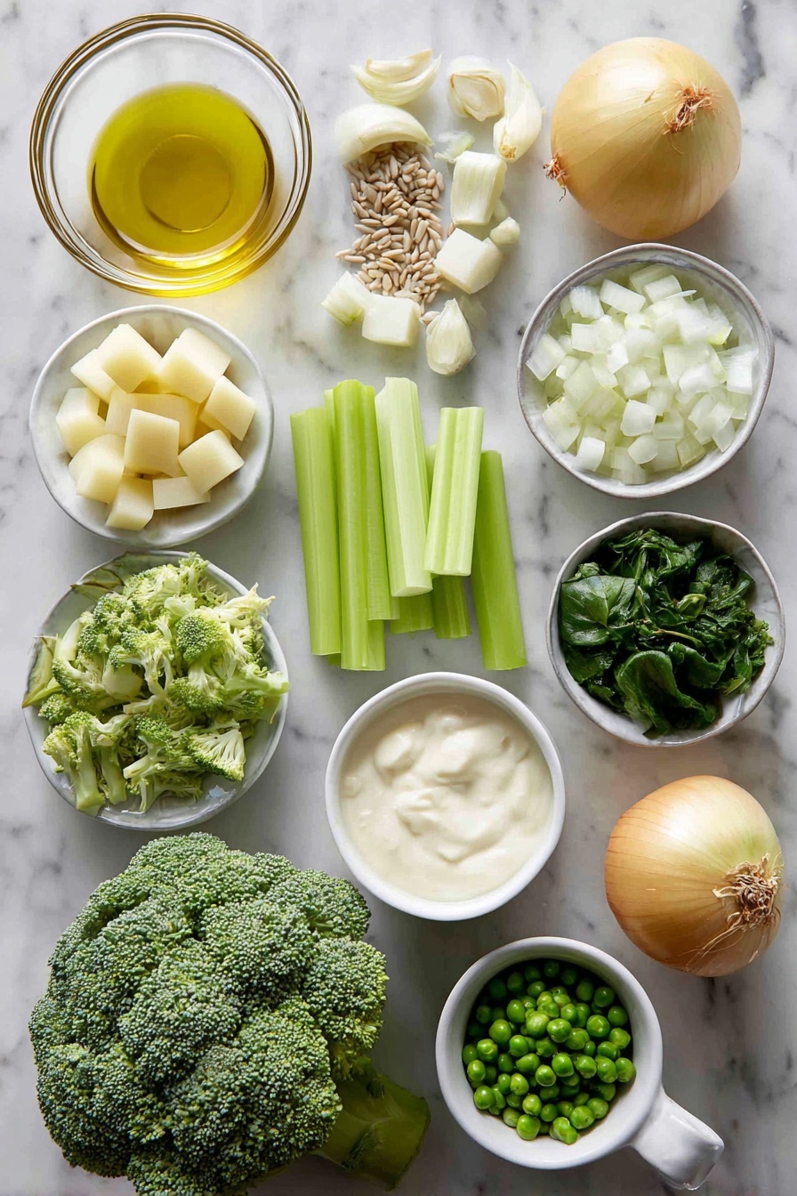Flat lay of a small puddle of olive oil in a glass dish, one diced onion and one diced leek white part, a medium chopped fennel bulb, two roughly chopped celery stalks, five garlic cloves peeled and minced, a medium peeled potato cut into cubes, a head of broccoli with florets and stalk pieces, a small heap of frozen peas, a tightly packed small bunch of kale leaves roughly chopped, a tightly packed handful of baby spinach leaves, a small bowl of thickened cream, and a small dish of toasted sunflower seeds, all placed on a white marble surface, photo taken with an iphone --ar 2:3 --v 7