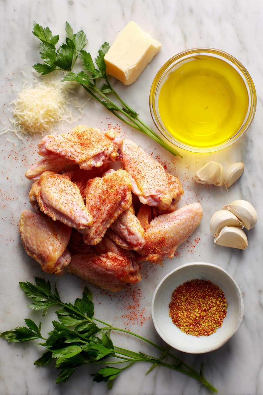Flat lay of raw chicken wings sprinkled with smoked paprika and garlic powder, fresh cloves of garlic, a small pile of grated Parmesan cheese, a few sprigs of bright green parsley, golden melted butter in a small pool, and a drizzle of rich olive oil, all beautifully arranged on a white marble surface, photo taken with an iphone --ar 2:3 --v 7