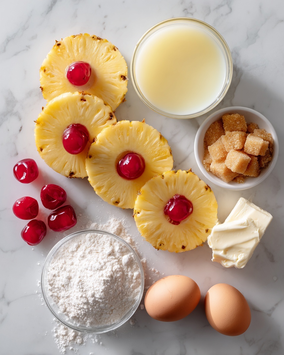 Flat lay of bright yellow pineapple slices arranged in a neat pattern, shiny red maraschino cherries placed between the pineapple rings, a small pile of golden brown sugar crystals, a chunk of creamy unsalted butter softly melted, a small mound of white all-purpose flour, a cracked eggshell with a fresh large egg next to it, a splash of smooth sour cream in a dollop, and a small glass of pale yellow pineapple juice, all beautifully arranged on a white marble surface, photo taken with an iphone --ar 2:3 --v 7