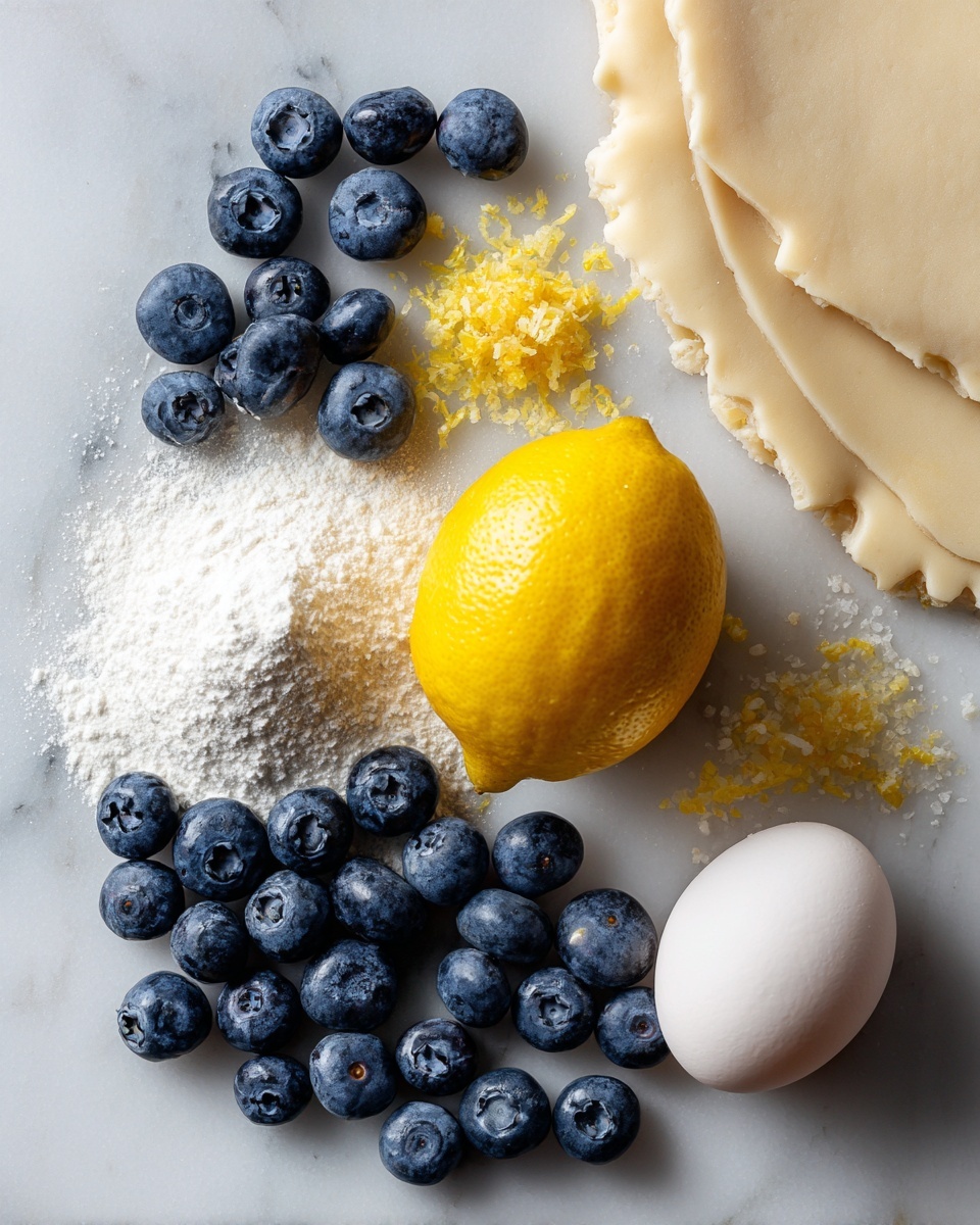Flat lay of fresh plump blueberries spilling gently next to a bright yellow lemon with finely grated zest scattered nearby, a small mound of granulated sugar sparkling under soft light, a neat pile of white cornstarch, a smooth cracked raw egg with its rich yolk vivid against the white marble, and two sheets of flaky pale pie dough laid out flat, placed on a white marble surface, photo taken with an iphone --ar 2:3 --v 7