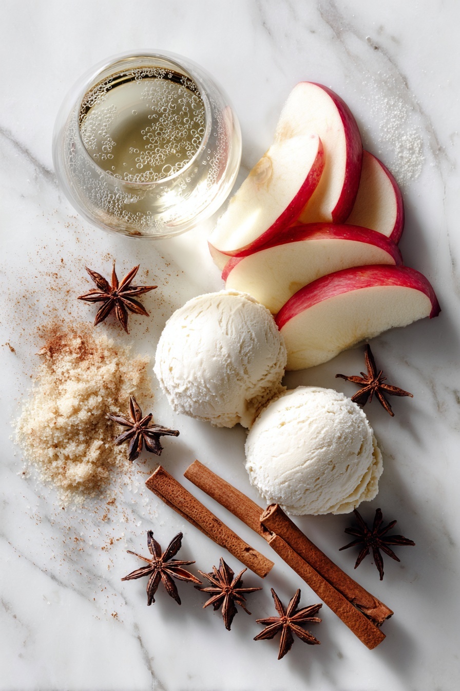 Flat lay of smooth scoops of creamy vanilla bean ice cream, fresh red apple slices fanned out, a cinnamon stick, whole star anise pods, a small pile of cinnamon sugar crystals, and a glass of clear cold apple cider with gentle bubbles, all beautifully arranged on a white marble surface, photo taken with an iphone --ar 2:3 --v 7