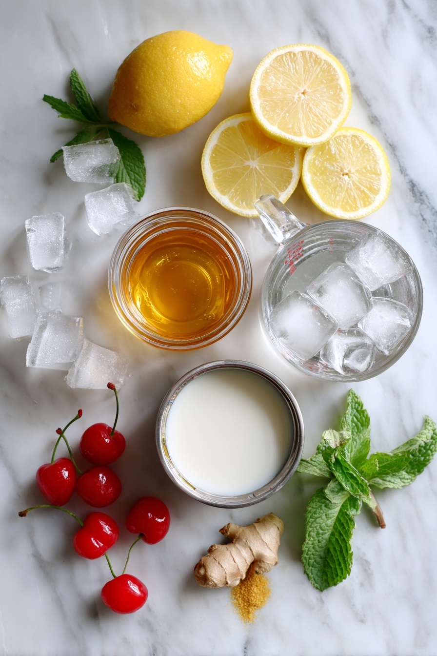 Flat lay of pure honey in a small glass jar, warm water in a clear measuring cup, bright yellow lemon slices and lemon zest, a can of chilled light coconut milk, scattered ice cubes, fresh green mint leaves, and shiny red maraschino cherries, all beautifully arranged with a sprinkle of ground ginger nearby, placed on a white marble surface, photo taken with an iphone --ar 2:3 --v 7