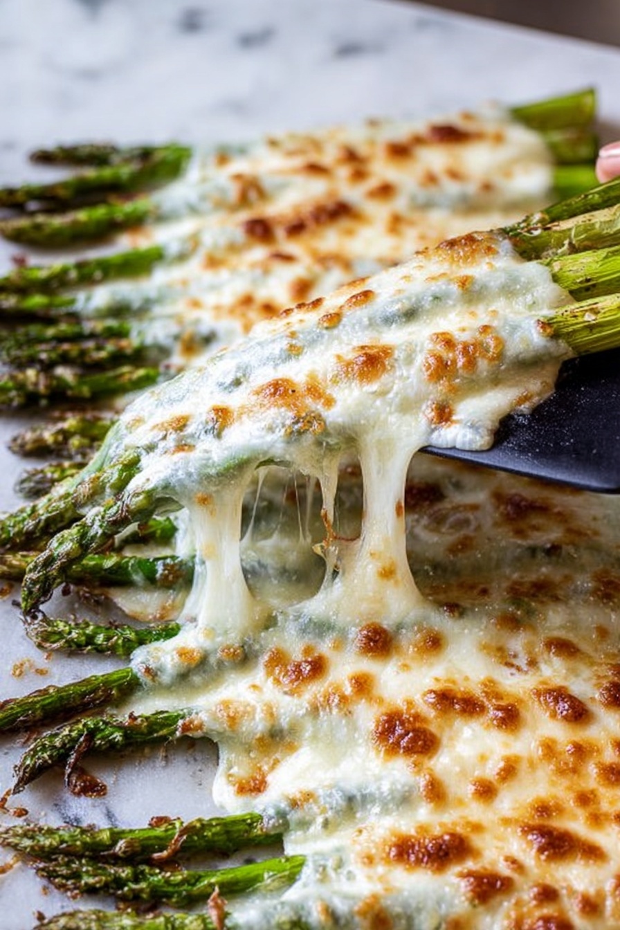 The image shows several bundles of green asparagus stalks topped with melted white cheese that has golden brown spots. The asparagus is tied together in small groups, each stalk having a smooth, firm texture and vibrant green color. The cheese layer is thick and creamy, bubbling with browned edges, covering the top of the asparagus evenly. A black spatula lifts one bundle from the tray, showing some cheese stretching in soft strings. The background is a white marbled surface, and a woman's hand is partially visible holding the spatula. photo taken with an iphone --ar 2:3 --v 7