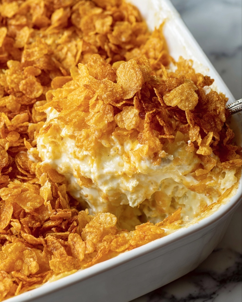 A close-up view of a white dish filled with a layered casserole, showing a thick bottom layer of creamy pale mixture with shredded pieces, topped with a crunchy, golden-brown layer of cornflakes. A black spoon is scooping out a portion from the side, lifting both the creamy and crispy layers. The background surface is white marbled texture. Photo taken with an iphone --ar 2:3 --v 7