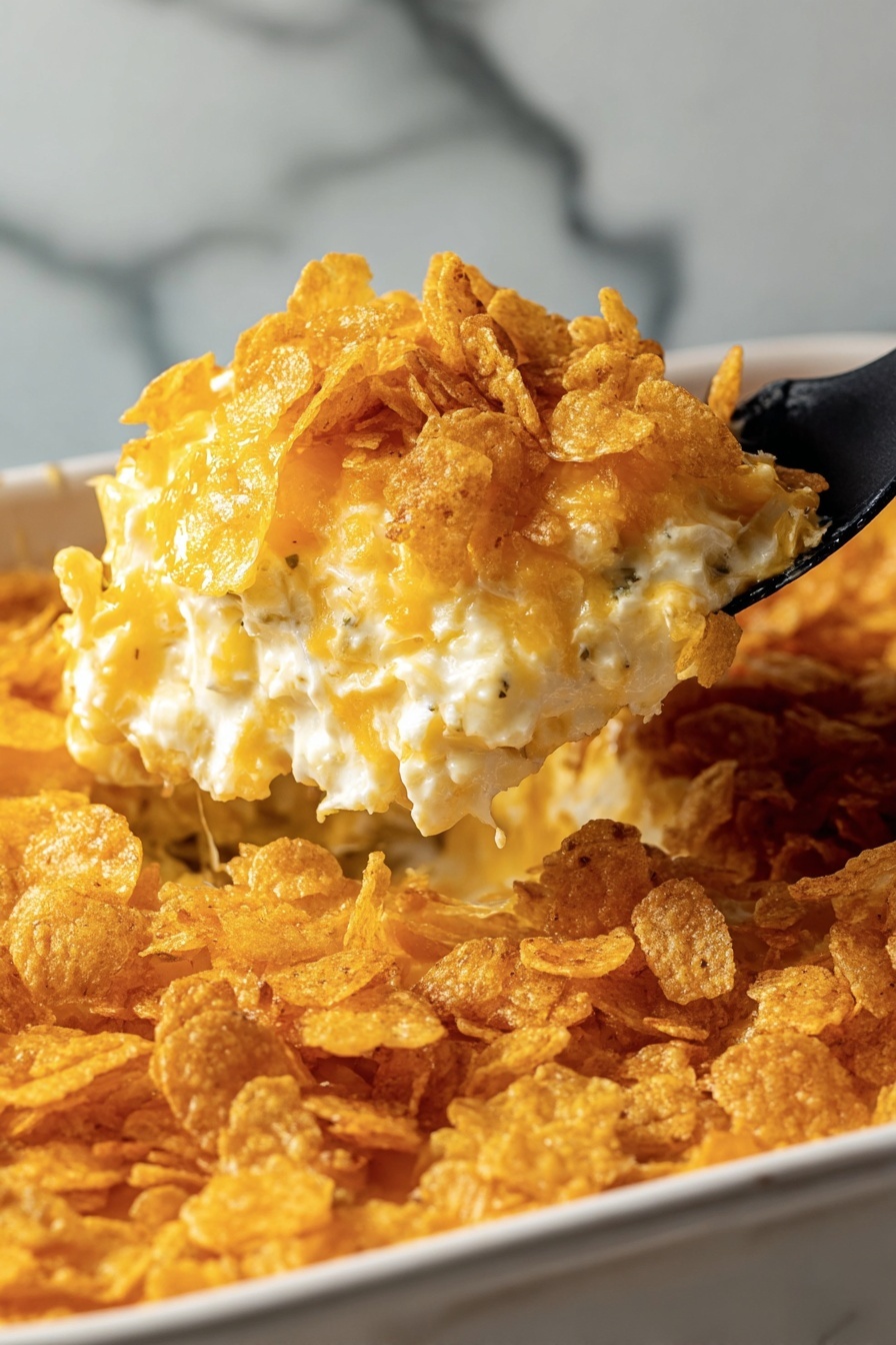 The image shows a close-up of a cheesy dish with two visible layers. The bottom layer is a creamy, off-white textured mixture with melted cheese, slightly gooey and smooth. The top layer is a thick, golden brown crust made of crunchy corn flakes, breaking into small clusters. A black spatula is lifting a portion of the dish, showing the contrast between the creamy inside and the crunchy outside. The background is a white marbled surface. Photo taken with an iphone --ar 2:3 --v 7