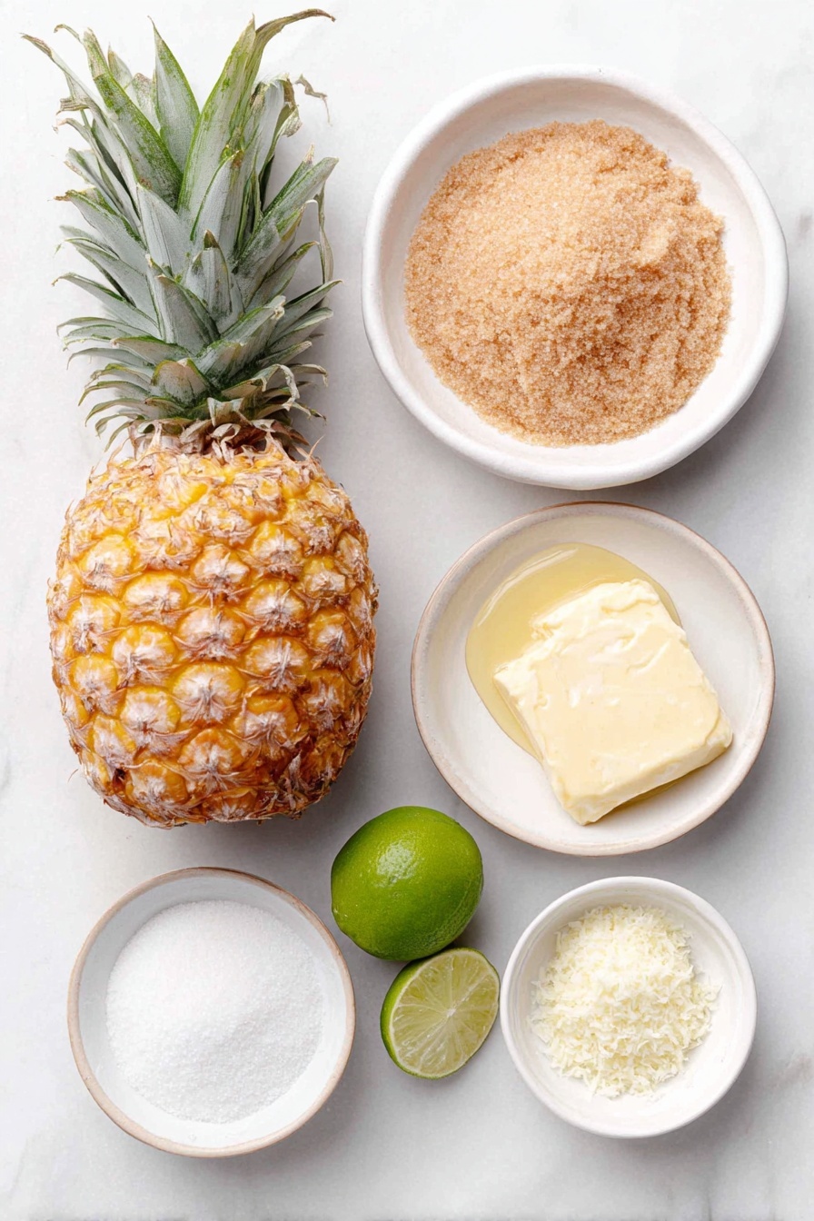 Flat lay of a whole ripe pineapple with green spiky leaves and golden textured skin, a small white ceramic bowl filled with light brown packed brown sugar, a small white ceramic bowl containing melted golden salted butter, two small whole fresh limes with one cut in half showing juicy green interior, a small white ceramic bowl of flaky white sea salt, a small white ceramic bowl with clear pale coconut extract liquid, and a small white ceramic bowl holding finely grated lime zest, all arranged in perfect symmetry and balanced proportions placed on a clean white marble surface, soft natural light, photo taken with an iPhone, professional food photography style, fresh ingredients, white ceramic bowls, no bottles, no duplicates, no utensils, no packaging --ar 2:3 --v 7 --p awthu7i m7354615311229779997