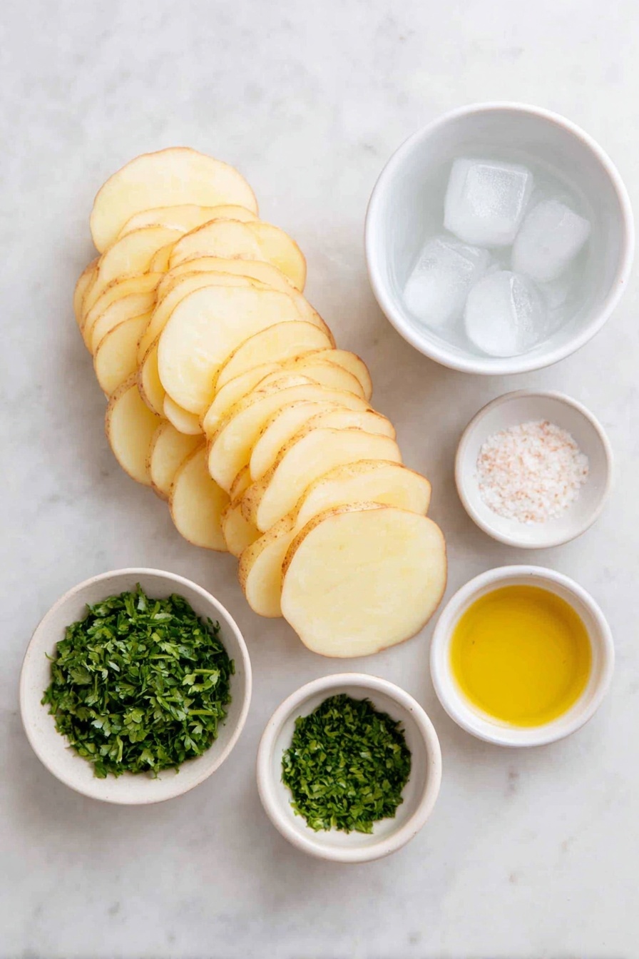 Flat lay of two large russet potatoes, thinly sliced into delicate ⅛-inch rounds, a tall simple white ceramic bowl filled with clear cold water and a few ice cubes, a small white ceramic bowl containing fine seasoned salt, a small white ceramic bowl with fresh chopped bright green parsley sprigs, and a small white ceramic bowl holding golden olive oil, all arranged with perfect symmetry on a clean white marble surface, soft natural light, photo taken with an iPhone, professional food photography style, fresh ingredients, white ceramic bowls, no bottles, no duplicates, no utensils, no packaging --ar 2:3 --v 7 --p awthu7i m7354615311229779997