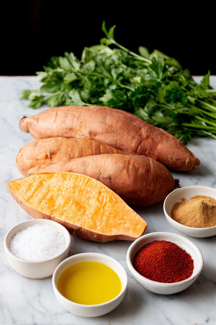 Flat lay of a whole medium to large sweet potato halved and cut into wedges, a small white bowl of deep red chili powder, a small white bowl of coarse sea salt, a small white bowl of cracked black peppercorns, a small white bowl of warm brown ground cumin, a few fresh bright green parsley sprigs, and a small white bowl of golden olive oil, all arranged with perfect symmetry on a clean white marble surface, soft natural light, photo taken with an iPhone, professional food photography style, fresh ingredients, white ceramic bowls, no bottles, no duplicates, no utensils, no packaging --ar 2:3 --v 7 --p awthu7i m7354615311229779997