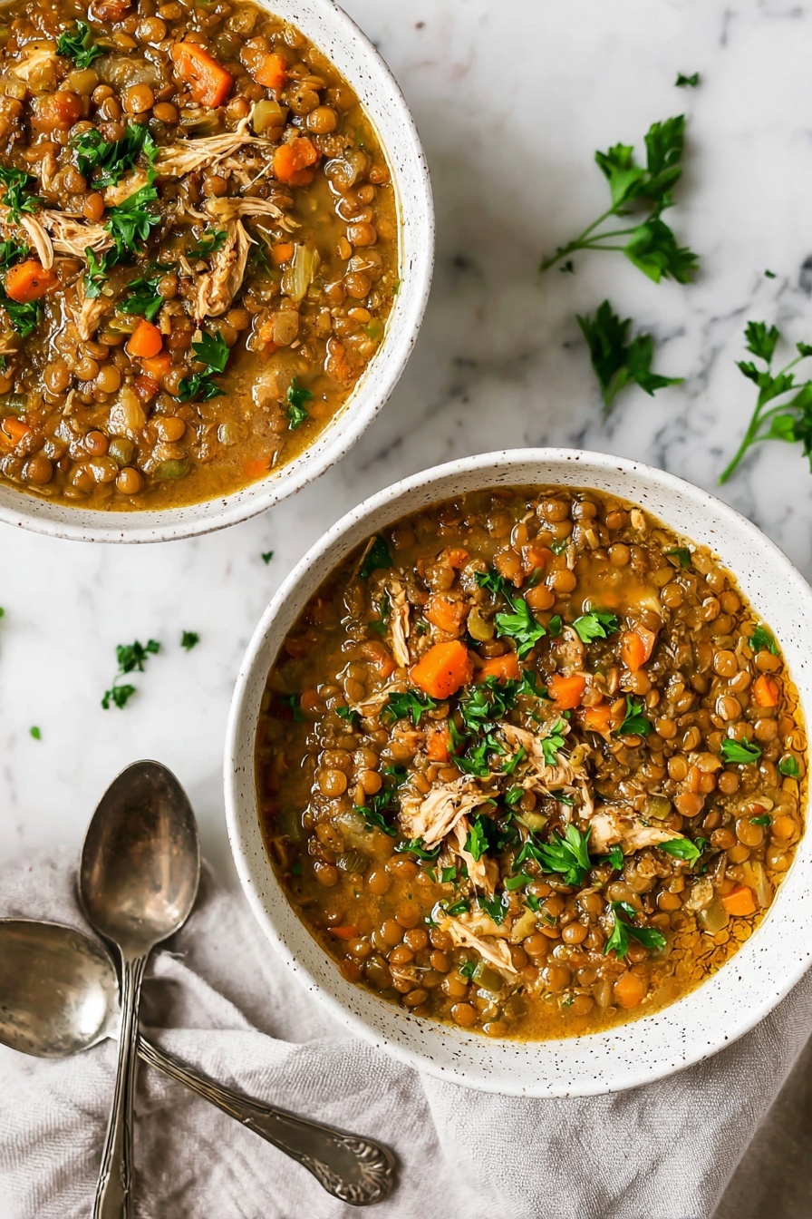 Two white bowls filled with a thick, brownish lentil stew that has visible layers of green lentils, small orange carrot chunks, and shredded light brown chicken pieces, all mixed in a slightly oily, golden broth. The stew is topped with small green parsley leaves scattered throughout. The bowls have a subtle speckled pattern around the rim. They sit on a white marbled surface with some loose parsley leaves nearby. Next to the bottom bowl are two old-fashioned silver spoons resting on a folded light gray cloth. The lighting is bright and natural, emphasizing the rich texture and warmth of the stew, photo taken with an iphone --ar 2:3 --v 7