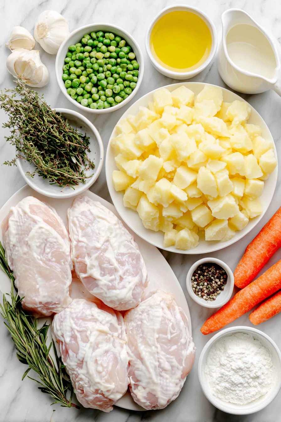 Flat lay of a small white ceramic bowl of golden olive oil, two whole uncracked brown chicken breasts, a large yellow onion chopped into pieces on a white ceramic plate, two fresh whole carrots peeled and halved on a white plate, a mound of diced Yukon gold potatoes on a simple white ceramic dish, four peeled garlic cloves, a small white bowl of chicken broth, a small white bowl of dry white wine, a small white bowl of heavy cream, a small white bowl with a heap of all-purpose flour, a small white bowl of frozen green peas, fresh sprigs of rosemary and thyme arranged neatly, scattered coarse kosher salt crystals and fresh ground black peppercorns, all placed on a clean white marble surface, soft natural light, photo taken with an iPhone, professional food photography style, fresh ingredients, white ceramic bowls, no bottles, no duplicates, no utensils, no packaging --ar 2:3 --v 7 --p awthu7i m7354615311229779997