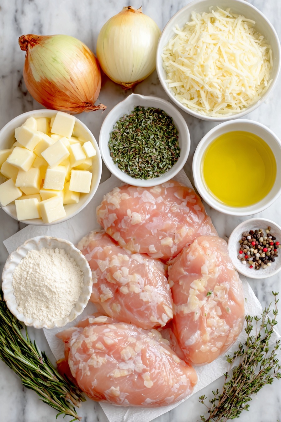 Flat lay of two large halved yellow onions thinly sliced, a small white ceramic bowl of pale yellow butter chunks, a small white ceramic bowl of minced fresh rosemary and thyme leaves, a small white ceramic bowl of minced garlic, a small white ceramic bowl filled with translucent dry white wine, a small white ceramic bowl of golden olive oil, four whole raw chicken breasts with smooth pink skin, a small white ceramic bowl of fine white flour, a small white ceramic bowl of white low-sodium chicken broth, a small white ceramic bowl of pale yellow cornstarch powder, a small white ceramic bowl of shredded Gruyere cheese with a few curled pieces, a small white ceramic bowl of finely shredded Parmesan cheese with delicate flakes, a few scattered black peppercorns and coarse salt crystals, all arranged symmetrically and balanced on a clean white marble surface, soft natural light, photo taken with an iPhone, professional food photography style, fresh ingredients, white ceramic bowls, no bottles, no duplicates, no utensils, no packaging --ar 2:3 --v 7 --p m7354615311229779997