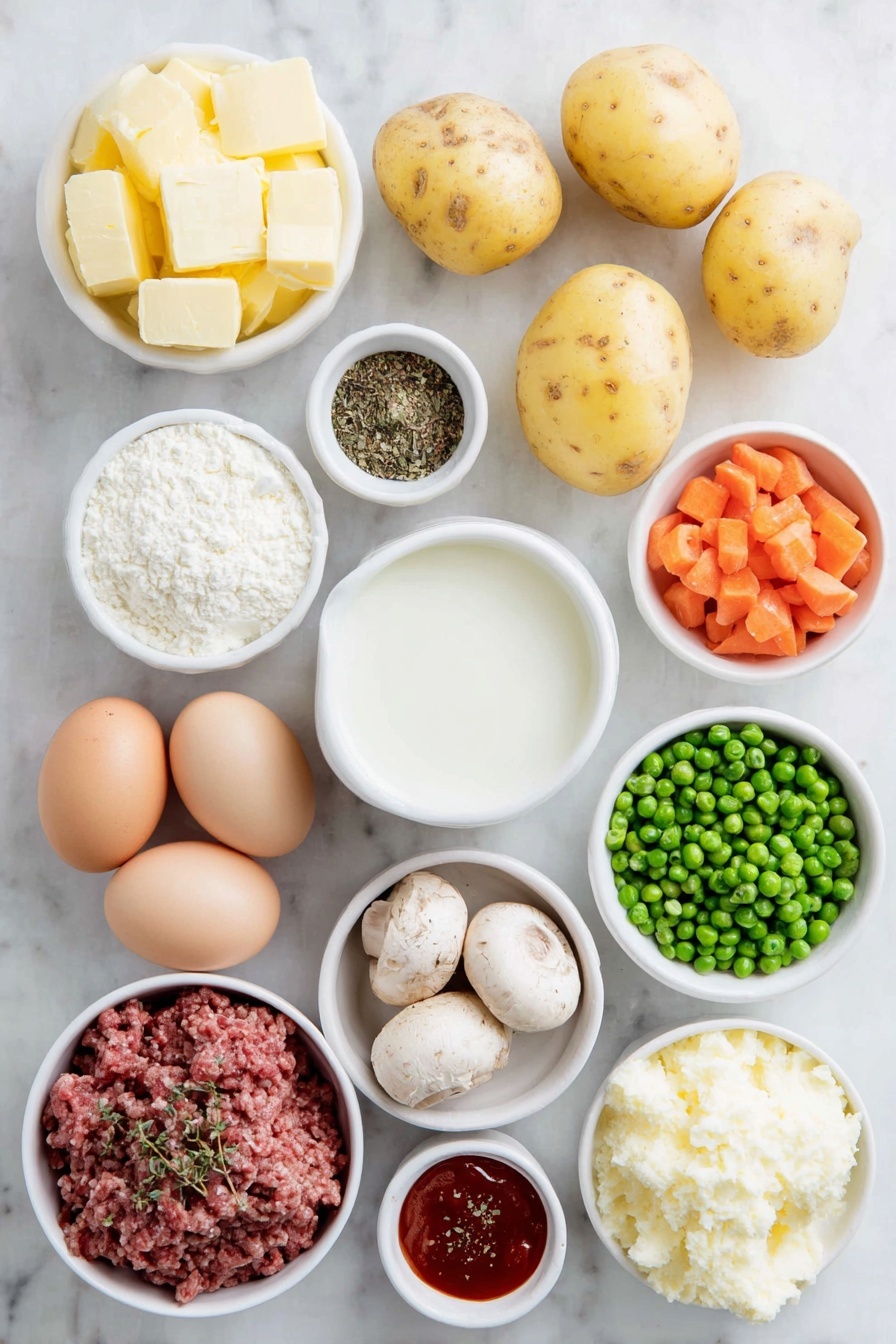Flat lay of peeled and diced Yukon Gold potatoes, a few whole uncracked brown eggs with clean shells, a small white ceramic bowl of whole milk, a small white ceramic bowl of unsalted butter cubes, a small white ceramic bowl of coarse kosher salt, a small white ceramic bowl of garlic powder, a small white ceramic bowl of ground black pepper, a small white ceramic bowl of olive oil, fresh cleaned and diced crimini mushrooms, a medium diced onion, two peeled and diced fresh carrots, a small white ceramic bowl of ground beef, two whole uncracked garlic cloves, a small white ceramic bowl of potato starch, a small white ceramic bowl of tomato paste, a small white ceramic bowl of Worcestershire sauce, a small white ceramic bowl of dried thyme, a small white ceramic bowl of beef broth, and a small pile of frozen peas placed on a clean white marble surface, soft natural light, photo taken with an iPhone, professional food photography style, fresh ingredients, white ceramic bowls, no bottles, no duplicates, no utensils, no packaging --ar 2:3 --v 7 --p m7354615311229779997