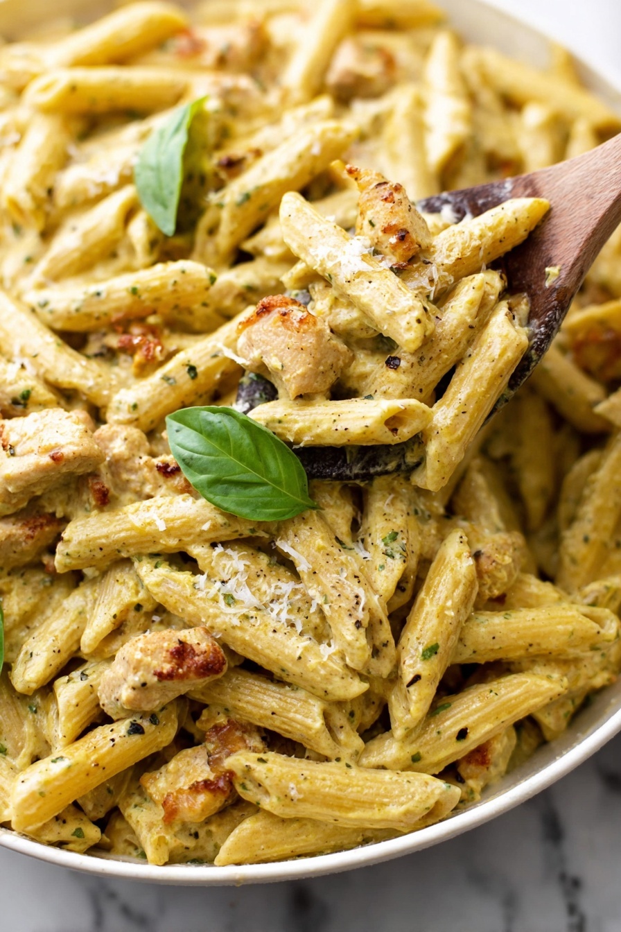 Creamy Pesto Chicken - A close-up view of a stainless steel pan filled with creamy penne pasta mixed with browned pieces of seasoned chicken. The pasta is coated in a pale yellow sauce with visible black pepper and herbs throughout. Small bright green basil leaves are scattered on top, along with finely grated white cheese sprinkled over the dish. A wooden spoon rests inside the pan, partially lifting some pasta, showing the thick creamy texture. The pan is placed on a white marbled surface with a block of cheese and some green leaves blurred in the background. Photo taken with an iphone --ar 2:3 --v 7