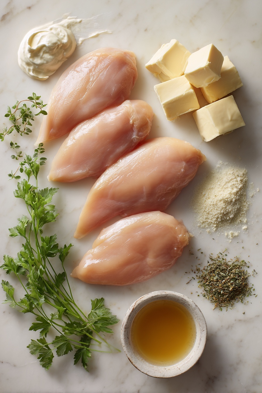 Cajun Chicken Pasta - Flat lay of fresh boneless, skinless chicken breasts seasoned with reddish-orange Cajun spices and smoked paprika, bright green parsley sprigs finely chopped, creamy white heavy cream in a smooth pour, deep red tomato paste dollop, peeled and slightly crushed garlic cloves with a creamy off-white tone, glossy lemon halves showing vibrant yellow pulp, and freshly grated Parmesan cheese with fine, snowy white texture, all arranged naturally with slight overlaps and shadows to highlight their freshness and colors, placed on white marbled surface, photo taken with an iphone --ar 2:3 --v 7