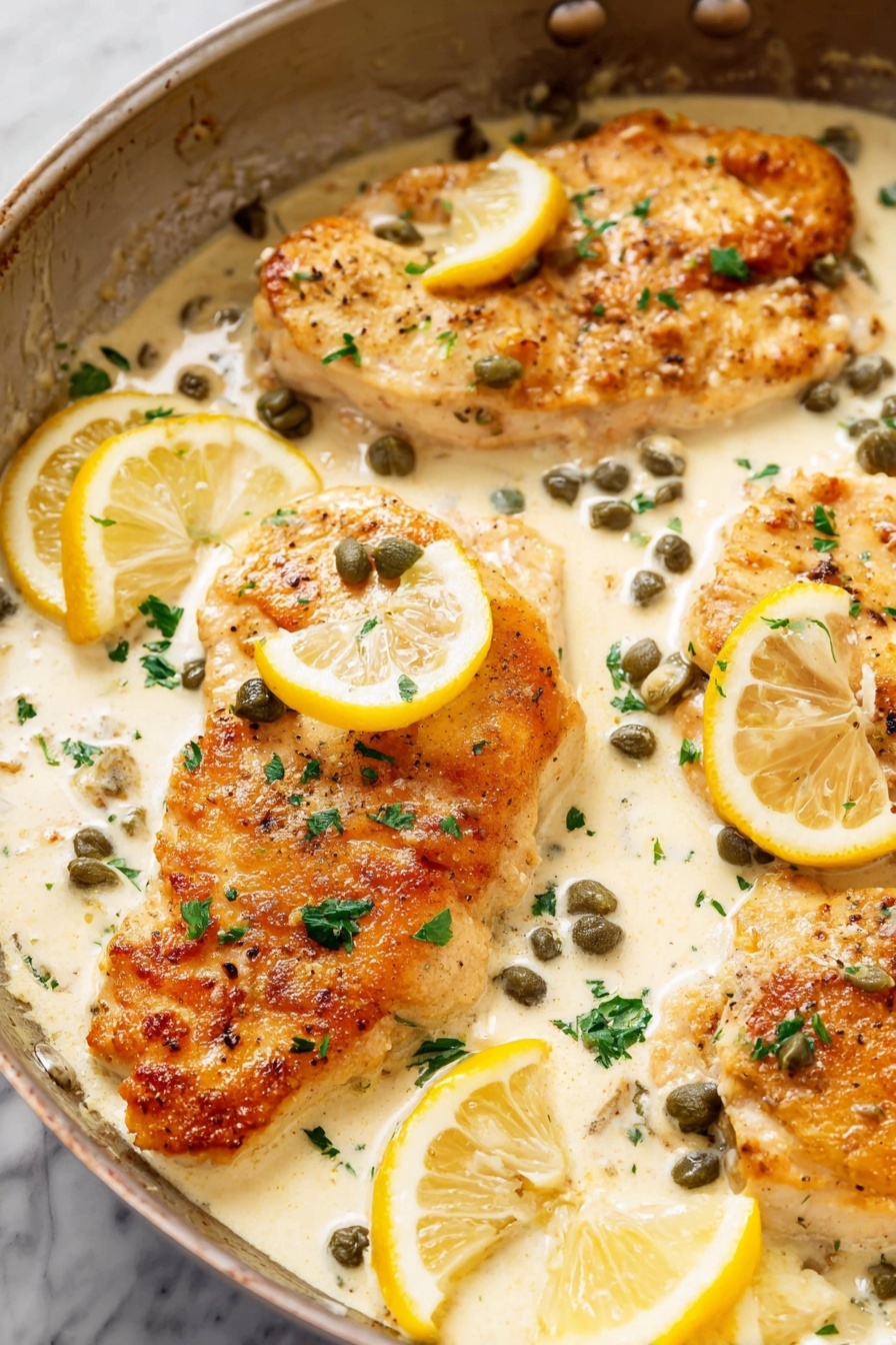 Creamy Lemon Chicken - The image shows a close-up of golden brown cooked pieces of meat with a crispy texture on the top, partially covered in a creamy white sauce with visible green herbs and small dark green capers scattered around. Lemon slices with bright yellow skin and pale yellow flesh are placed around the dish, adding a fresh touch. The sauce has a smooth texture and is thick enough to coat the meat and pool slightly around it. There are small bits of green herbs sprinkled on the surface, enhancing the visual contrast. The scene is set on a white marbled textured surface. Photo taken with an iphone --ar 2:3 --v 7