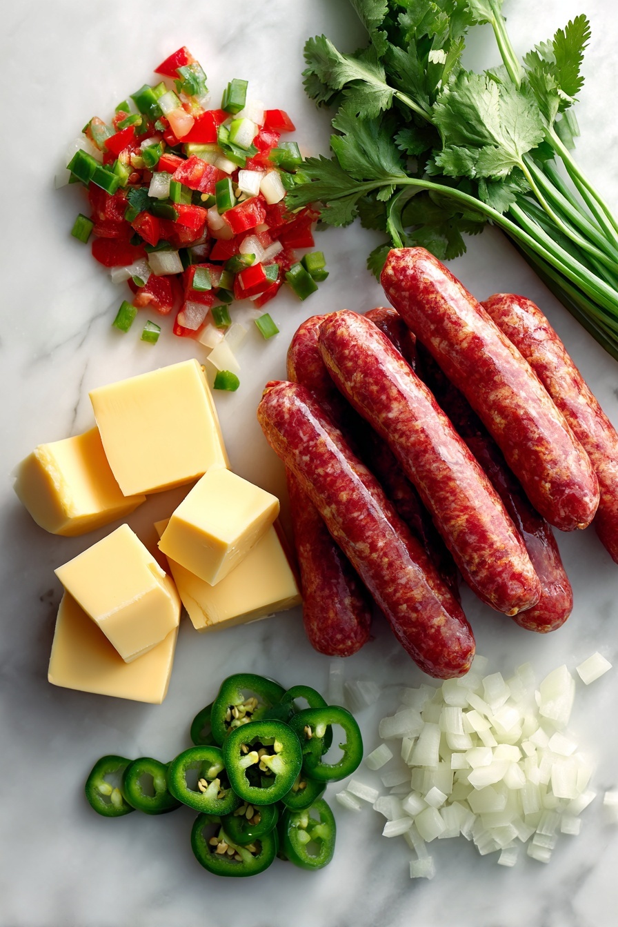Flat lay of raw hot pork sausage links, bright red and green diced tomatoes with green chilies in a small pile, large cubes of creamy Velveeta cheese, scattered fresh green chili peppers, finely chopped onions, and a few sprigs of fresh cilantro arranged beautifully on a white marble surface, photo taken with an iphone --ar 2:3 --v 7