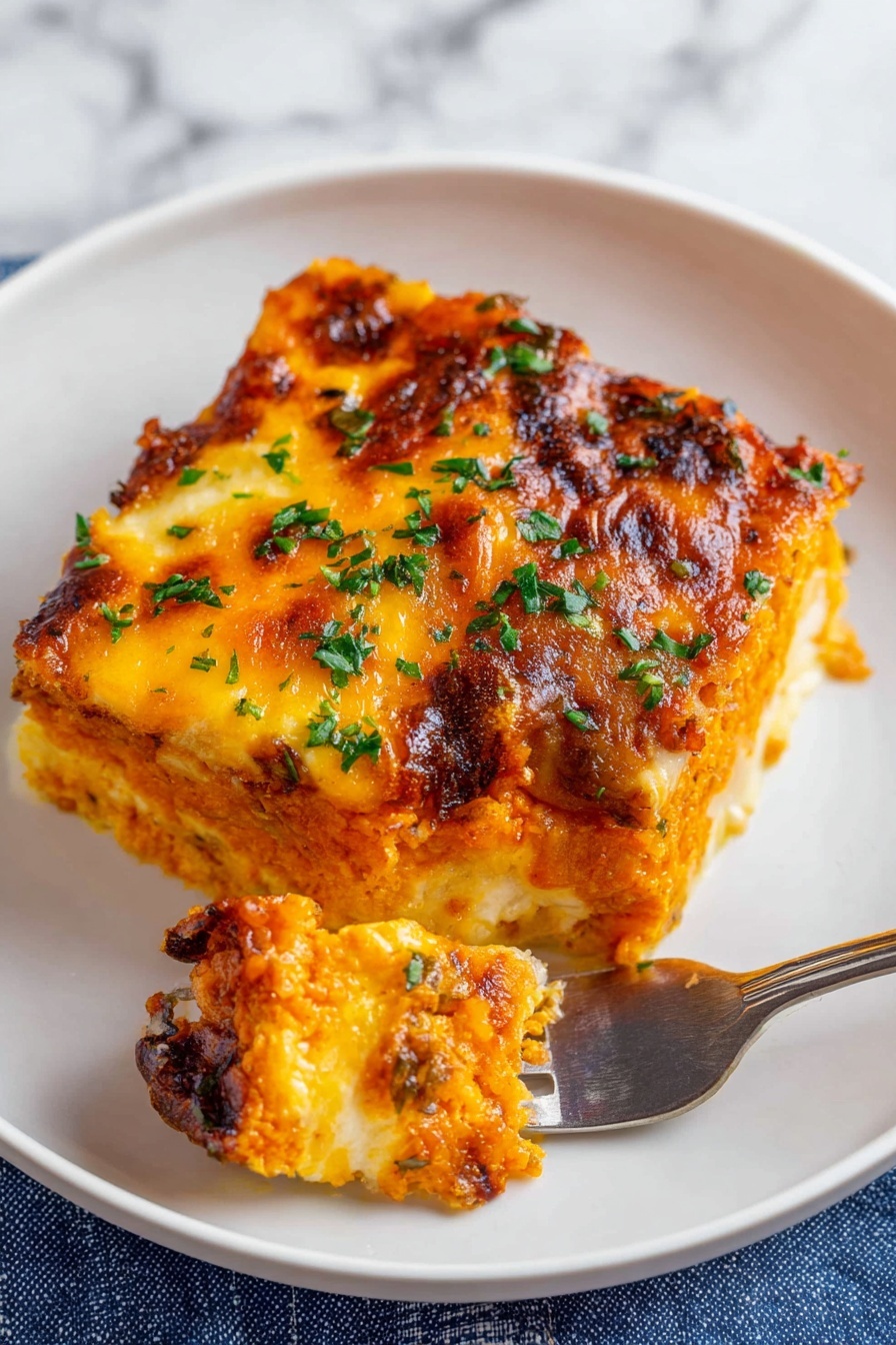 A close-up of a square slice of layered casserole being lifted from a white baking dish by a woman's hand holding a spatula. The casserole has three visible layers: a light golden bottom layer with soft chunks, a middle layer of crumbly browned meat, and a top layer of melted, browned cheddar cheese with small green herb pieces sprinkled on top. The white baking dish is set on a blue cloth with a white checkered pattern, and the background is a white marbled texture. photo taken with an iphone --ar 2:3 --v 7