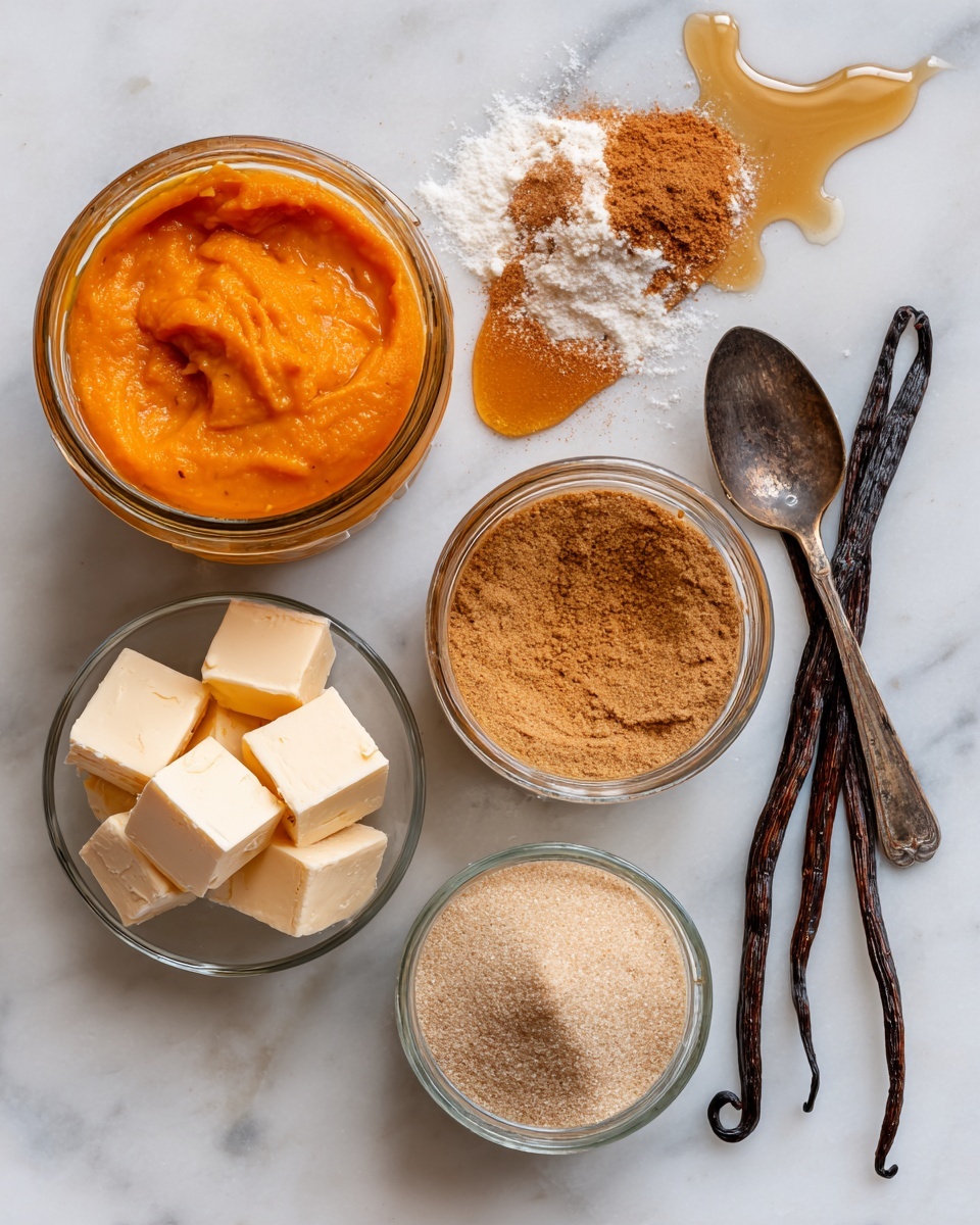 Flat lay of vibrant orange pumpkin purée in a small glass jar, soft cubes of cold non-dairy butter, a heap of light brown sugar, golden maple syrup dripping from a spoon, a pile of sifted powdered sugar, warm beige pumpkin pie spice sprinkled artistically, a small splash of non-dairy milk in a tiny glass, and a few vanilla pods placed nearby, all arranged beautifully on a white marble surface, photo taken with an iphone --ar 2:3 --v 7