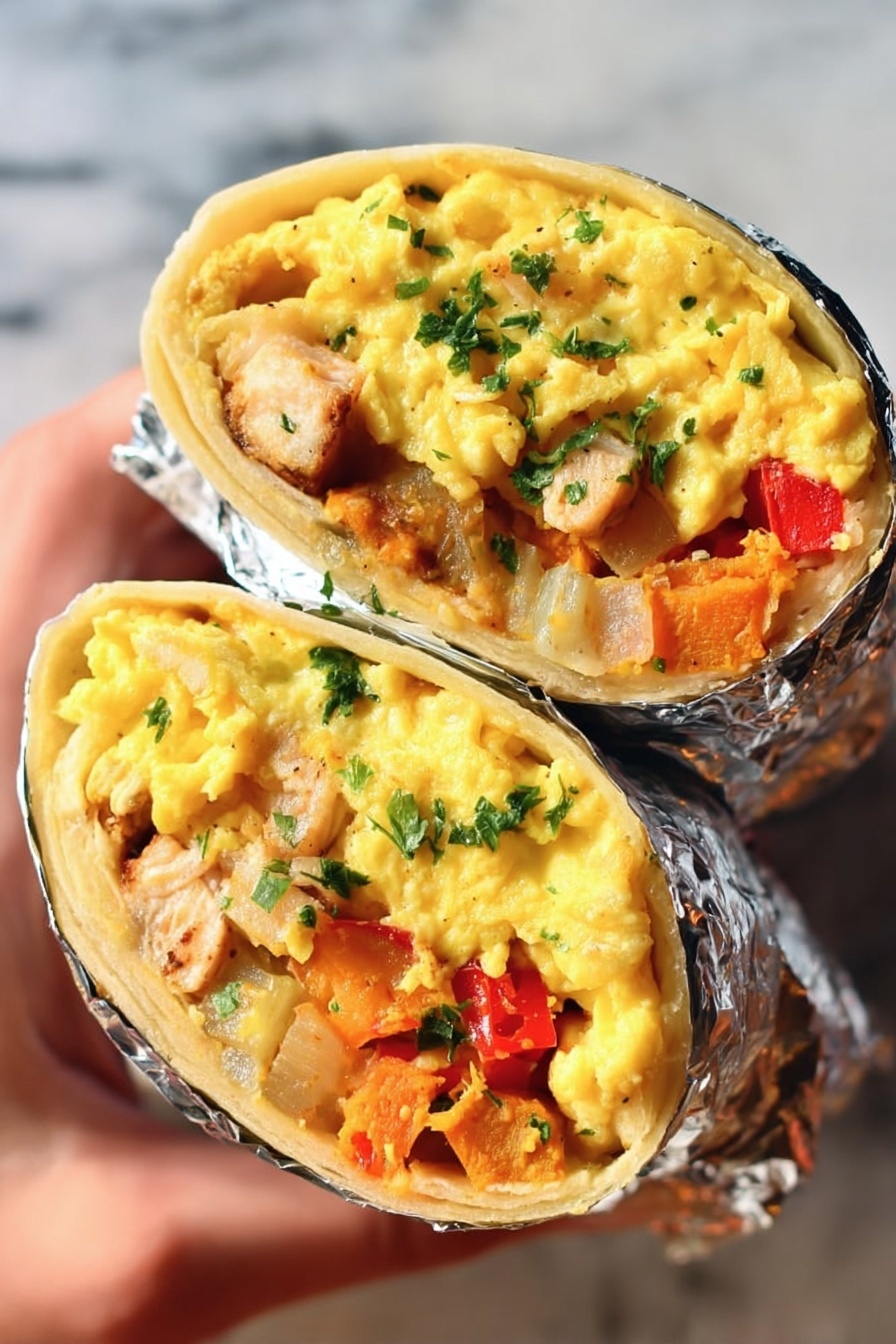 A close-up of a breakfast burrito cut in half, each half wrapped tightly in silver foil held by a woman's hand. The outer layer is a soft, light beige tortilla. Inside, the top layer is fluffy, yellow scrambled eggs with a smooth texture, sprinkled with small green parsley pieces. Below the eggs, there are chunks of cooked, light brown chicken, bright orange sweet potatoes, red bell pepper pieces, and small bits of light brown potato mixed together. The burrito filling looks warm and creamy, with the colors contrasting sharply. The background is a white marbled surface. Photo taken with an iphone --ar 2:3 --v 7