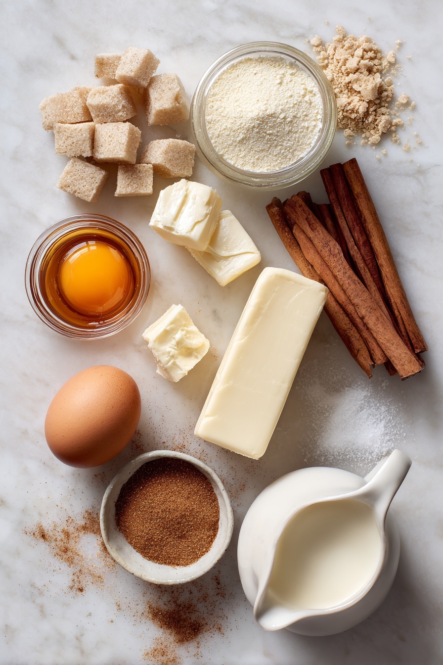 Flat lay of cinnamon sticks, light brown sugar crystals, soft unsalted butter chunks, warm golden honey in a small glass jar, a cracked raw egg with bright yolk, smooth cream cheese block, sprinkled ground cinnamon, and a small pitcher of heavy cream, all beautifully arranged on a white marble surface, photo taken with an iphone --ar 2:3 --v 7