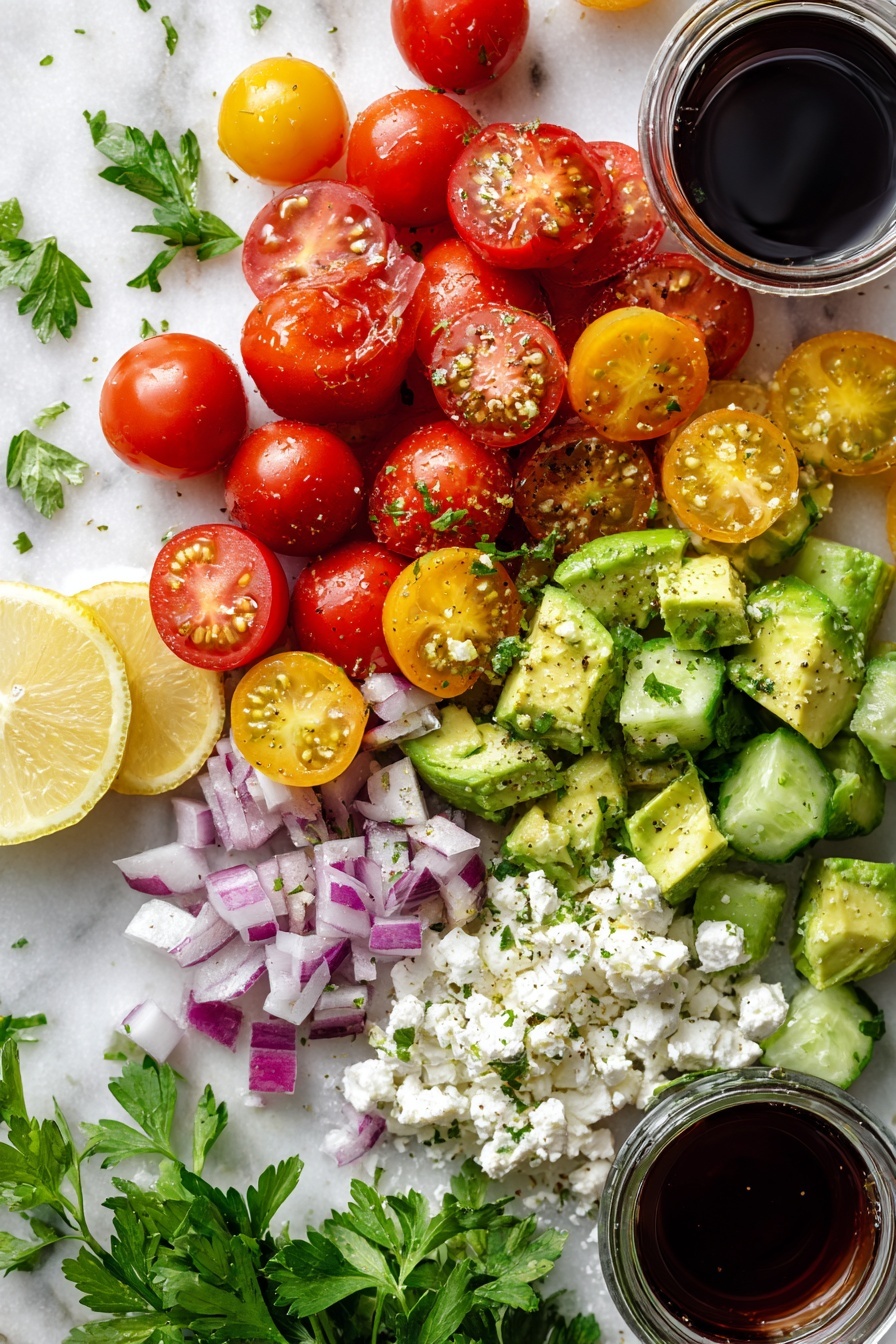Flat lay of halved red and yellow cherry tomatoes, chopped creamy avocado with a drizzle of lemon juice, peeled and chopped English cucumber, finely chopped red onion, crumbly white feta cheese, bright green fresh parsley leaves scattered around, and a small glass jar of red wine vinegar, placed on a white marble surface, photo taken with an iphone --ar 2:3 --v 7