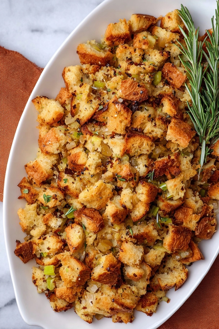 The dish shows a close-up of stuffing on a white oval dish, placed on a white marbled surface. The stuffing is made of many small, unevenly torn pieces of golden brown bread with a crispy texture on the outside and softer inside. Mixed throughout are bits of green celery and small dark seasoning specks, adding color and texture. On the top right corner of the dish, there are two fresh herb sprigs, green with slender leaves. The overall look is warm, savory, and rustic, with the bread pieces piled loosely but evenly across the dish. photo taken with an iphone --ar 2:3 --v 7