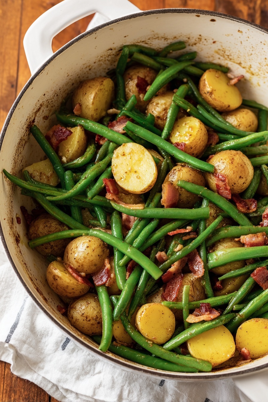 The image shows a white pot filled with a dish of green beans, halved small golden potatoes, and pieces of cooked bacon. The green beans are long and whole, bright green in color, evenly spread through the pot. The potatoes are cut into halves with a soft golden-yellow inside and slightly browned skin. The bacon pieces are reddish-brown and crispy, scattered between the green beans and potatoes, adding a crunchy texture. The pot is placed on a wooden surface with a white cloth nearby, and the inside of the pot has some seasoning visible on the sides photo taken with an iphone --ar 2:3 --v 7