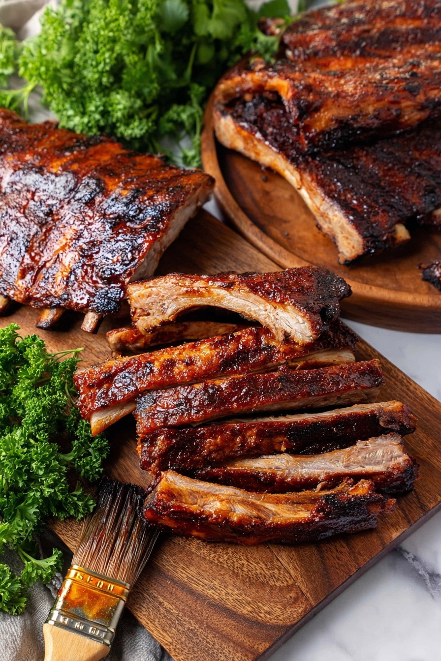 The image shows two wooden boards filled with grilled ribs. The board at the front has about eight ribs stacked closely, showing a shiny, dark brown grilled surface with some charred spots, with the rib bones visible on the edges. Behind it, the second board holds a larger pile of whole ribs with a similar dark brown grilled texture and glossy finish. On the left side of the image, there is a bunch of fresh green parsley with curly leaves. A paintbrush with a wooden handle and dark bristles coated in sauce lies on a white marbled surface next to the front board. The colors are warm and rich, emphasizing the grilled meat and fresh herbs. Photo taken with an iphone --ar 2:3 --v 7