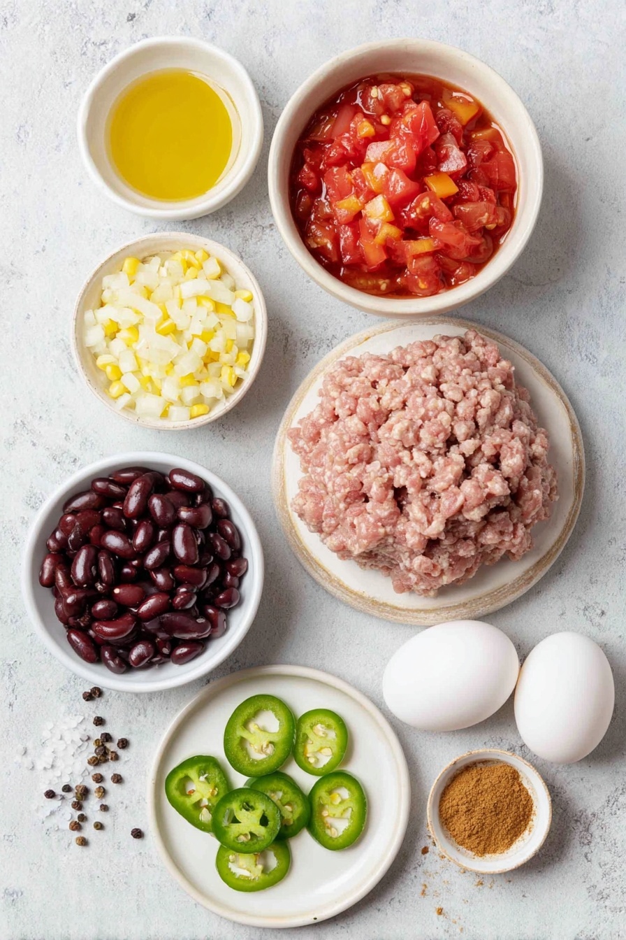 Flat lay of a small white ceramic bowl of golden olive oil, a mound of raw lean ground turkey, a medium diced white onion, one chopped red bell pepper, one chopped yellow bell pepper, a simple white bowl filled with bright red tomato sauce, a small white bowl of petite diced fresh tomatoes, a small white bowl of glossy black beans, a small white bowl of shiny red kidney beans, a few sliced fresh green jalapeño peppers arranged neatly on a white plate, a small white bowl of bright yellow frozen corn kernels, a small white bowl of deep red chili powder, a small white bowl of golden brown cumin powder, a few whole white eggs with smooth clean shells, scattered black peppercorns and coarse salt crystals on the surface, placed on a clean white marble surface, soft natural light, photo taken with an iPhone, professional food photography style, fresh ingredients, white ceramic bowls, no bottles, no duplicates, no utensils, no packaging --ar 2:3 --v 7 --p awthu7i m7354615311229779997
