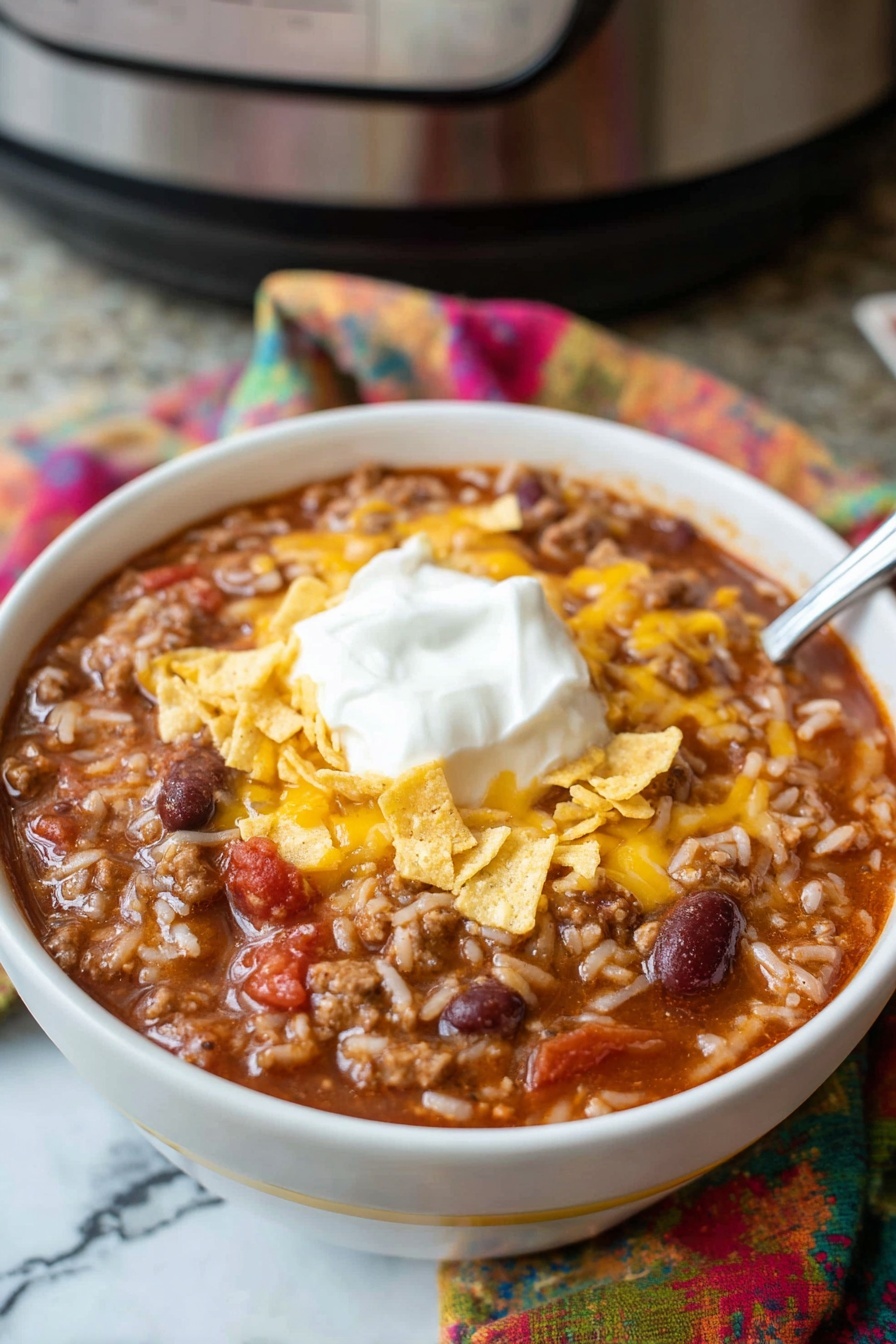 The image shows a close-up of a ladle holding a thick stew-like dish filled with three visible layers: a brown ground meat layer with small texture bits, a white rice layer with short grains, and a mix of dark red kidney beans and bright red tomato chunks, all mixed in a rich, reddish-brown sauce. The stew is inside a dark slow cooker, with bits of the same stew visible in the background. The colors are warm and natural, with a soft shine from the sauce. The ladle handle is slightly worn and rests above the slow cooker. photo taken with an iphone --ar 2:3 --v 7