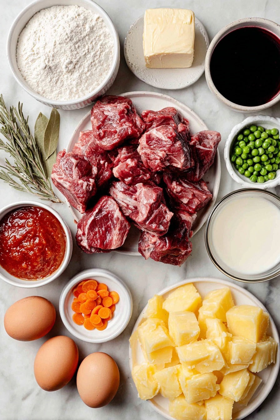 Flat lay of fresh raw stew beef chunks, a small pile of all-purpose flour on a simple white ceramic plate, a small white bowl filled with rich beef broth, a small white bowl of deep red wine, a small white bowl with vibrant red tomato paste, a small white bowl containing dark Worcestershire sauce, two peeled garlic cloves, one large chopped white onion, four peeled and chopped bright orange carrots, cubed golden Yukon gold potatoes, two fresh bay leaves, a fresh rosemary sprig, two thyme sprigs, a small handful of vibrant green frozen peas (thawed), whole brown eggs with smooth clean shells, a small pat of butter, and a small white bowl of fresh milk—all arranged with perfect symmetry on a clean white marble surface, soft natural light, photo taken with an iPhone, professional food photography style, fresh ingredients, white ceramic bowls, no bottles, no duplicates, no utensils, no packaging --ar 2:3 --v 7 --p awthu7i m7354615311229779997