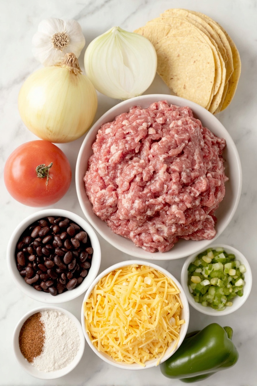 Flat lay of a mound of fresh raw ground beef, a whole bright red bell pepper sliced in half revealing seeds, a whole yellow onion diced into chunks, two peeled garlic cloves, a small white ceramic bowl of coarse kosher salt, a small white ceramic bowl containing reddish chili powder, a small white ceramic bowl with light brown cumin powder, a small white ceramic bowl filled with pale all-purpose flour, a small white ceramic bowl holding diced green hatch chiles, a small white ceramic bowl of golden sweet corn kernels, a small white ceramic bowl of shiny black beans, a small white ceramic bowl of red diced tomatoes with juice, a neat stack of twelve fresh yellow corn tortillas, and a small white ceramic bowl heaped with shredded bright orange cheddar cheese placed on a clean white marble surface, soft natural light, photo taken with an iPhone, professional food photography style, fresh ingredients, white ceramic bowls, no bottles, no duplicates, no utensils, no packaging --ar 2:3 --v 7 --p m7354615311229779997