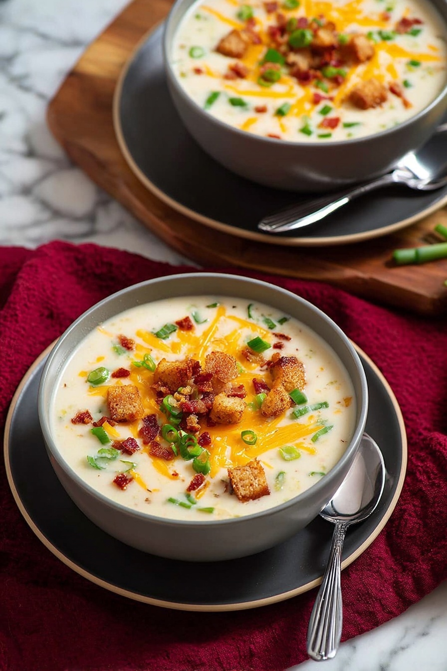 Two white bowls filled with creamy white soup are placed on dark gray plates with a silver spoon beside one bowl. The soup has three main layers of toppings: small, crispy, brown cubed pieces on the surface; bright orange shredded cheese spread across the top; and small green sliced scallions sprinkled evenly. There are also small red bits mixed in with the toppings. The bowls sit on a dark red cloth over a wooden board, all against a white marbled surface. Photo taken with an iphone --ar 2:3 --v 7