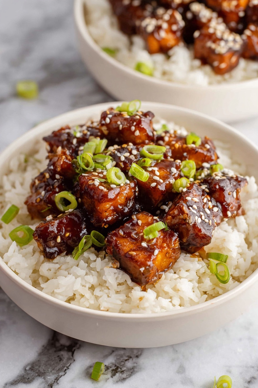 Crispy Orange Tofu - A white bowl filled with a base layer of fluffy white rice, with a thick layer of glossy, dark brown glazed tofu cubes placed in the center on top. The tofu pieces are sprinkled with white sesame seeds and decorated with thinly sliced green spring onions scattered across both the tofu and the rice. The bowl sits on a white marbled surface with another similar bowl blurred in the background. Photo taken with an iphone --ar 2:3 --v 7