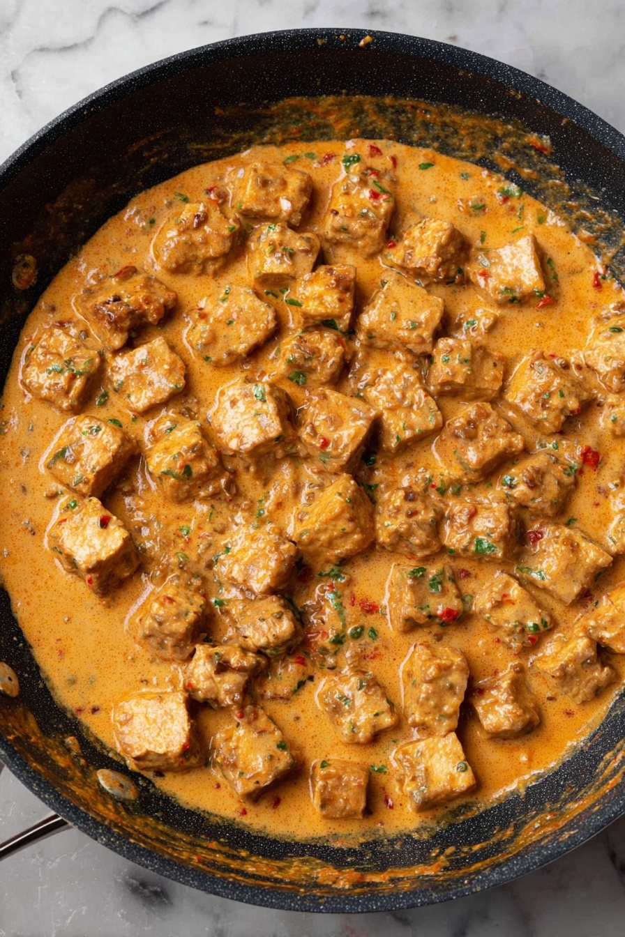 Marry Me Tofu - A white bowl filled with a layer of fluffy white rice. On top, there is a mound of creamy, light brown meatballs that have visible bits of green herbs and small red tomato pieces mixed in. The meatballs are roughly shaped and have a textured surface with some shredded cheese sprinkled on top. Small green herb pieces are also scattered over the rice. The bowl sits on a white marbled surface. photo taken with an iphone --ar 2:3 --v 7