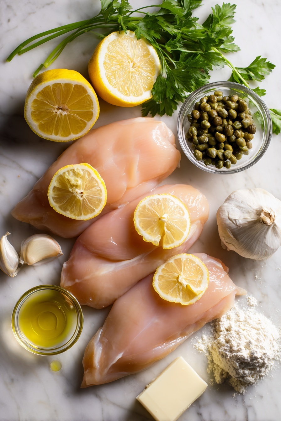 Creamy Lemon Chicken - Flat lay of four raw boneless, skinless chicken breasts with a smooth, pale pink surface, fresh vibrant yellow lemon slices arranged around them, small piles of bright green chopped parsley leaves, plump green capers scattered artistically, several peeled garlic cloves with their papery white skins, a small mound of fine white flour, and a few dollops of creamy pale yellow butter, all placed on white marbled surface, photo taken with an iphone --ar 2:3 --v 7