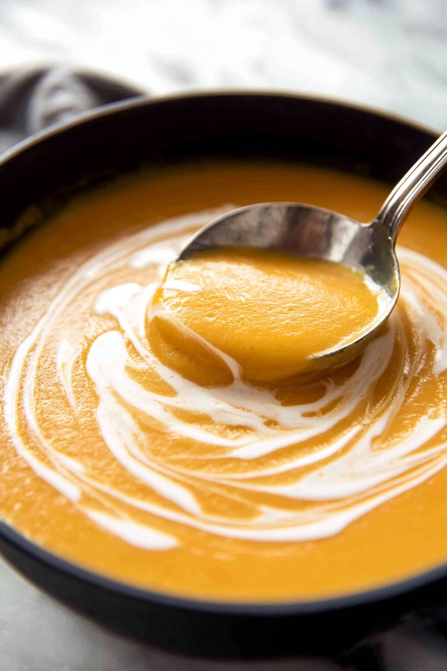 A close-up view of a smooth, creamy orange soup filling a black bowl, with a swirl of white cream on top creating a marbled pattern. A large silver spoon is scooping into the soup from the right side, causing gentle ripples in the liquid. The background features a white marbled surface, adding brightness and contrast to the warm tones of the soup and the dark bowl. photo taken with an iphone --ar 2:3 --v 7