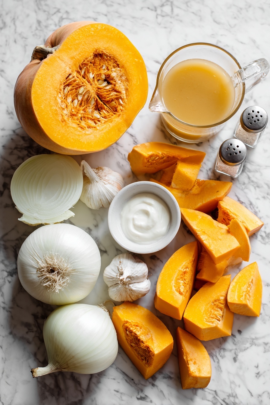 Flat lay of a medium pumpkin cut into thick wedges and chunks, a whole sliced onion showing white layers, two whole garlic cloves, a small bowl of creamy white cream, a clear glass jug with golden vegetable broth, a small cup of water, salt and pepper shakers nearby, all placed on a white marble surface, photo taken with an iphone --ar 2:3 --v 7