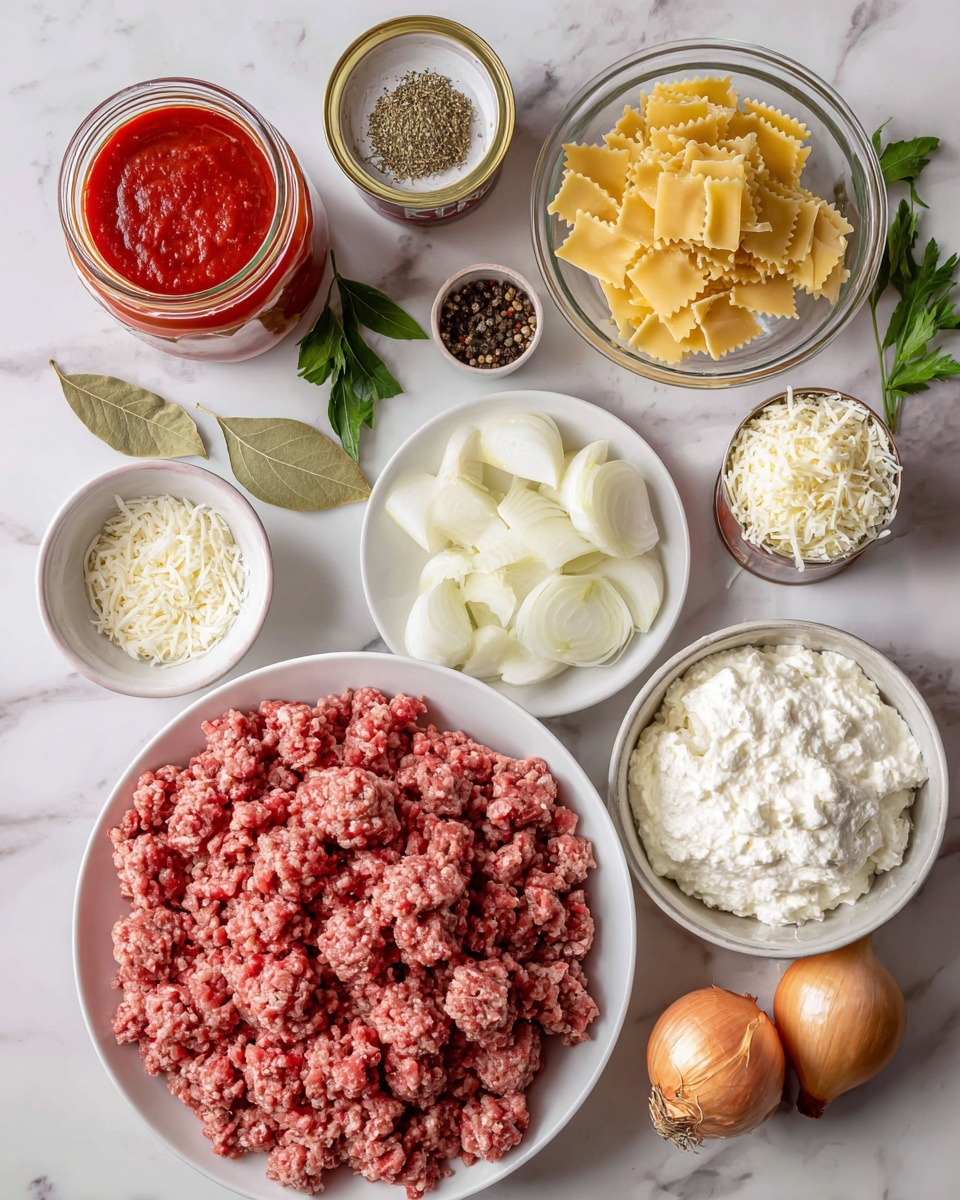 Flat lay of two large piles of raw ground Italian sausage, a medium diced white onion, a small bowl with five garlic cloves minced, a tall glass jar of rich tomato sauce next to two cans of diced tomatoes, a bunch of fresh Italian seasoning herbs, a small bowl of black pepper, two whole bay leaves, broken pieces of lasagna pasta about two cups, a medium bowl filled with creamy ricotta cheese, a small bowl of shredded mozzarella cheese, and a smaller bowl of grated Parmesan cheese all placed on a white marble surface, photo taken with an iphone --ar 2:3 --v 7