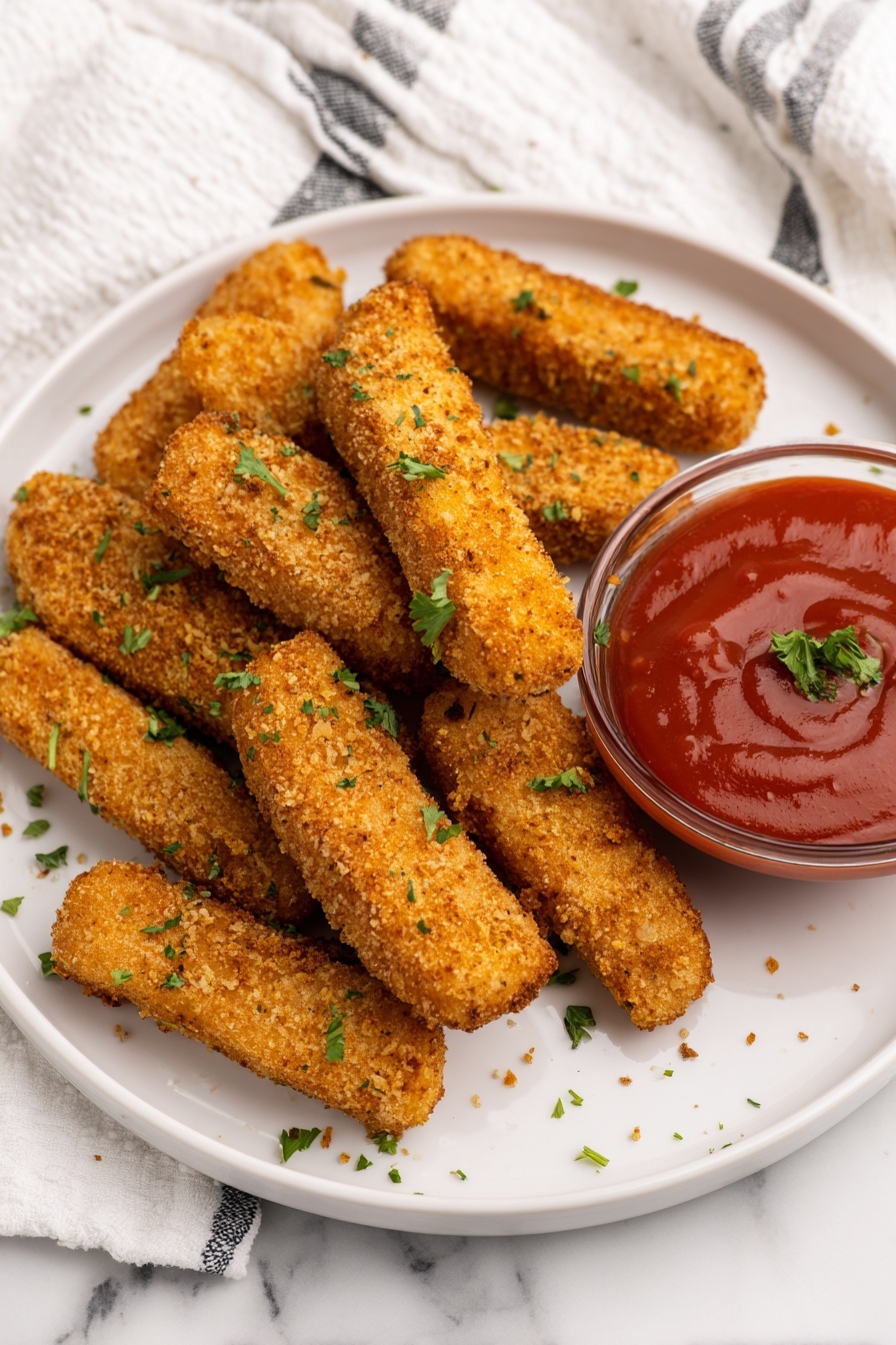 The image shows a white plate filled with nine golden brown crispy fish sticks, arranged in a loose pile. The fish sticks have a rough, crunchy texture and are sprinkled with small pieces of fresh green parsley. On the right side of the plate, there is a small clear bowl filled with smooth, bright red ketchup sauce, also topped with a little parsley. The plate is placed on a white marbled surface with a folded white cloth that has gray stripes in the background. photo taken with an iphone --ar 2:3 --v 7