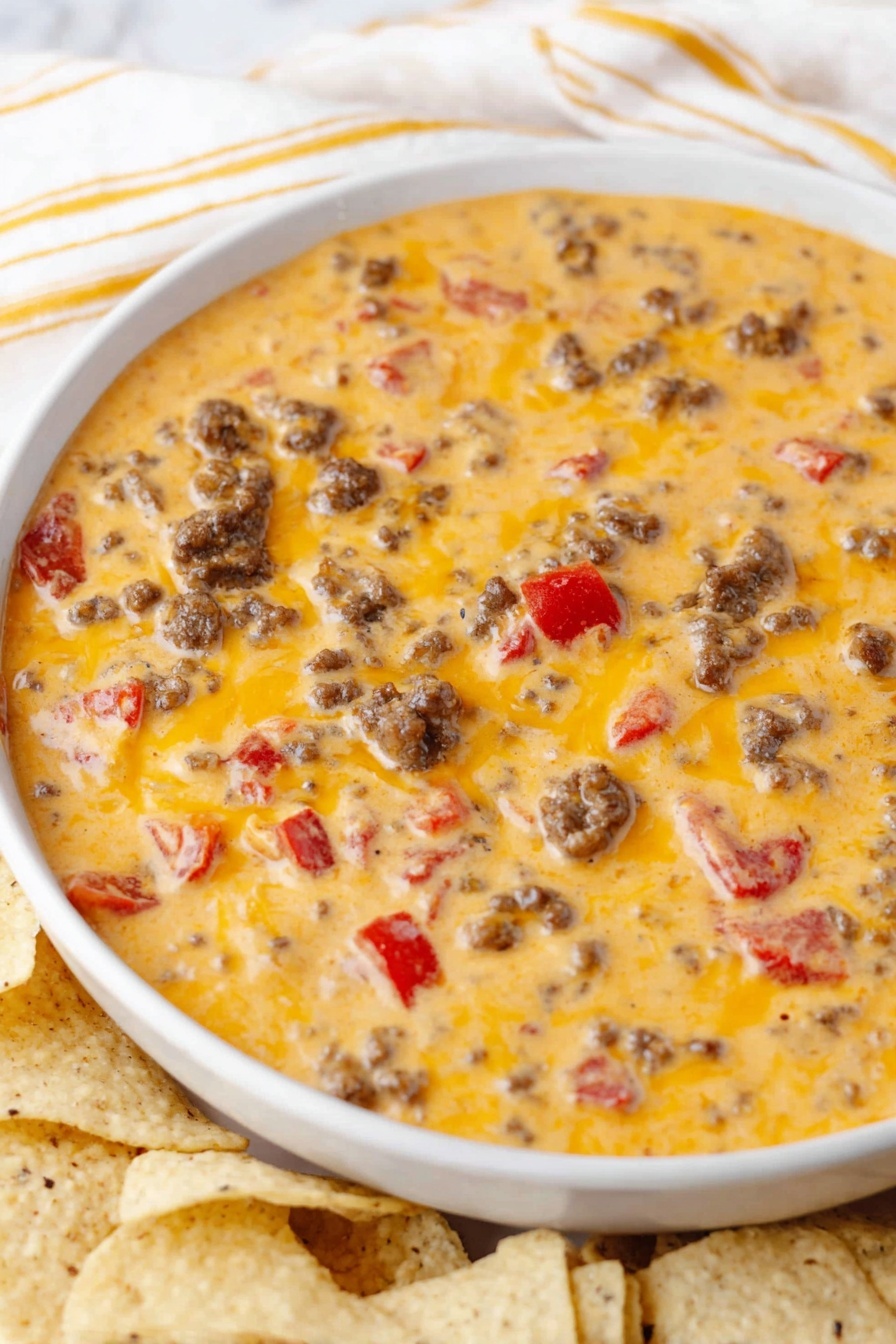 A white shallow bowl holds a creamy, bright orange cheese dip mixed with browned ground meat and small red pepper pieces evenly spread throughout. On the bottom edge of the image, a pile of light beige corn chips surrounds the bowl. A woman's hand is dipping one corn chip into the mix, lifting a scoop of the cheesy meat dip that clings thickly to the chip, showing the dip’s smooth, melty texture with visible chunks. The scene is set against a white marbled surface. Photo taken with an iphone --ar 2:3 --v 7