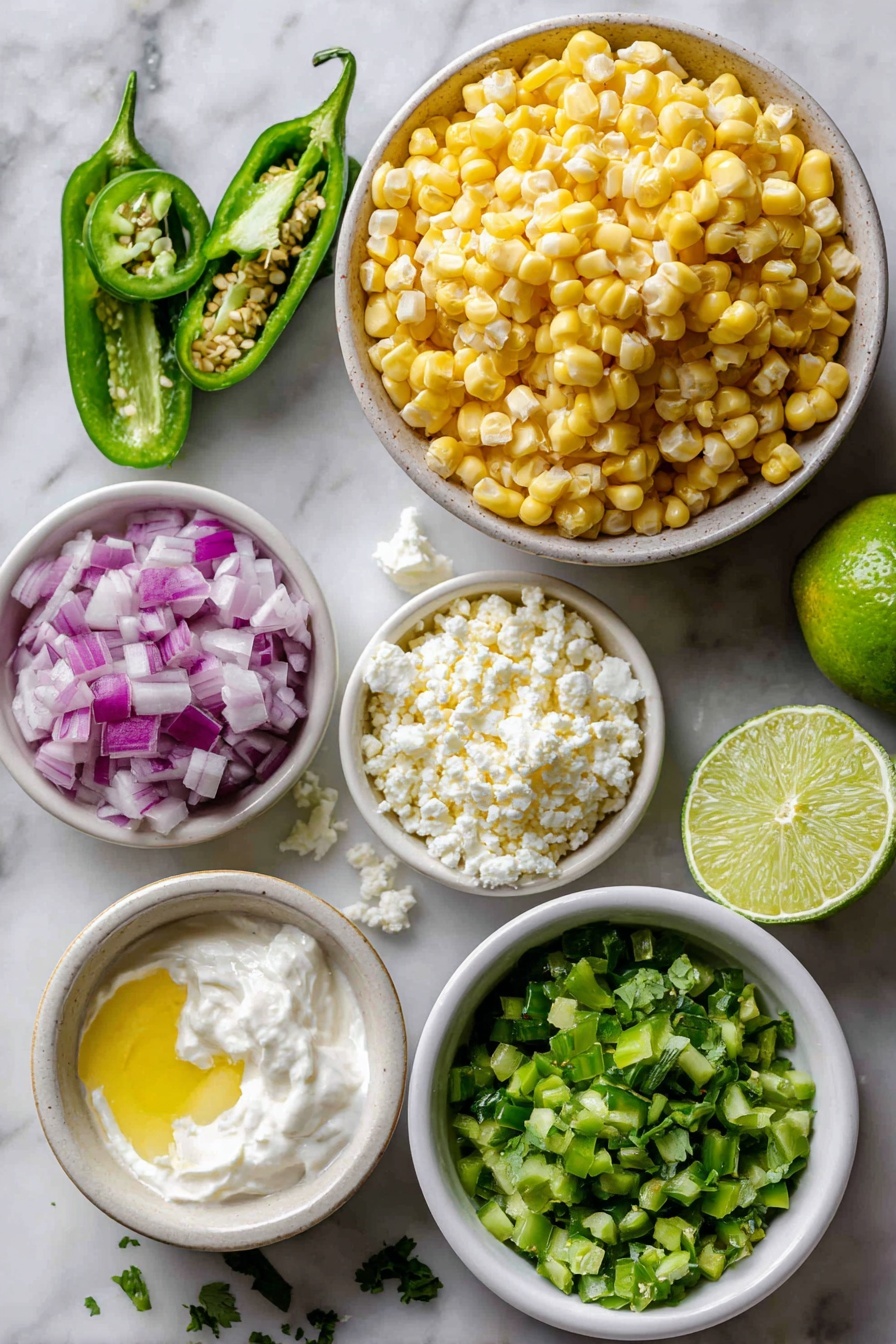 Flat lay of fresh golden corn kernels, bright green diced jalapenos, vibrant chopped cilantro, finely chopped red onion, small minced garlic clove, creamy white sour cream dollop, crumbled white cotija cheese, a halved lime with juice dripping, and a small bowl of drained diced green chilis arranged beautifully with contrasting colors and textures, placed on a white marble surface, photo taken with an iphone --ar 2:3 --v 7
