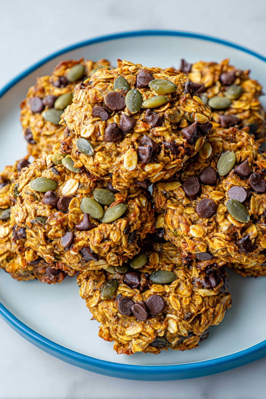 Five round granola cookies with visible oatmeal flakes, dark chocolate chips, and green pumpkin seeds are stacked closely together on a white plate with a blue rim. The cookies have a golden brown color with a slightly shiny, sticky texture holding the ingredients together. The oats and seeds create a rough, uneven surface with chocolate chips scattered across the top. The plate is set on a white marbled texture background. photo taken with an iphone --ar 2:3 --v 7