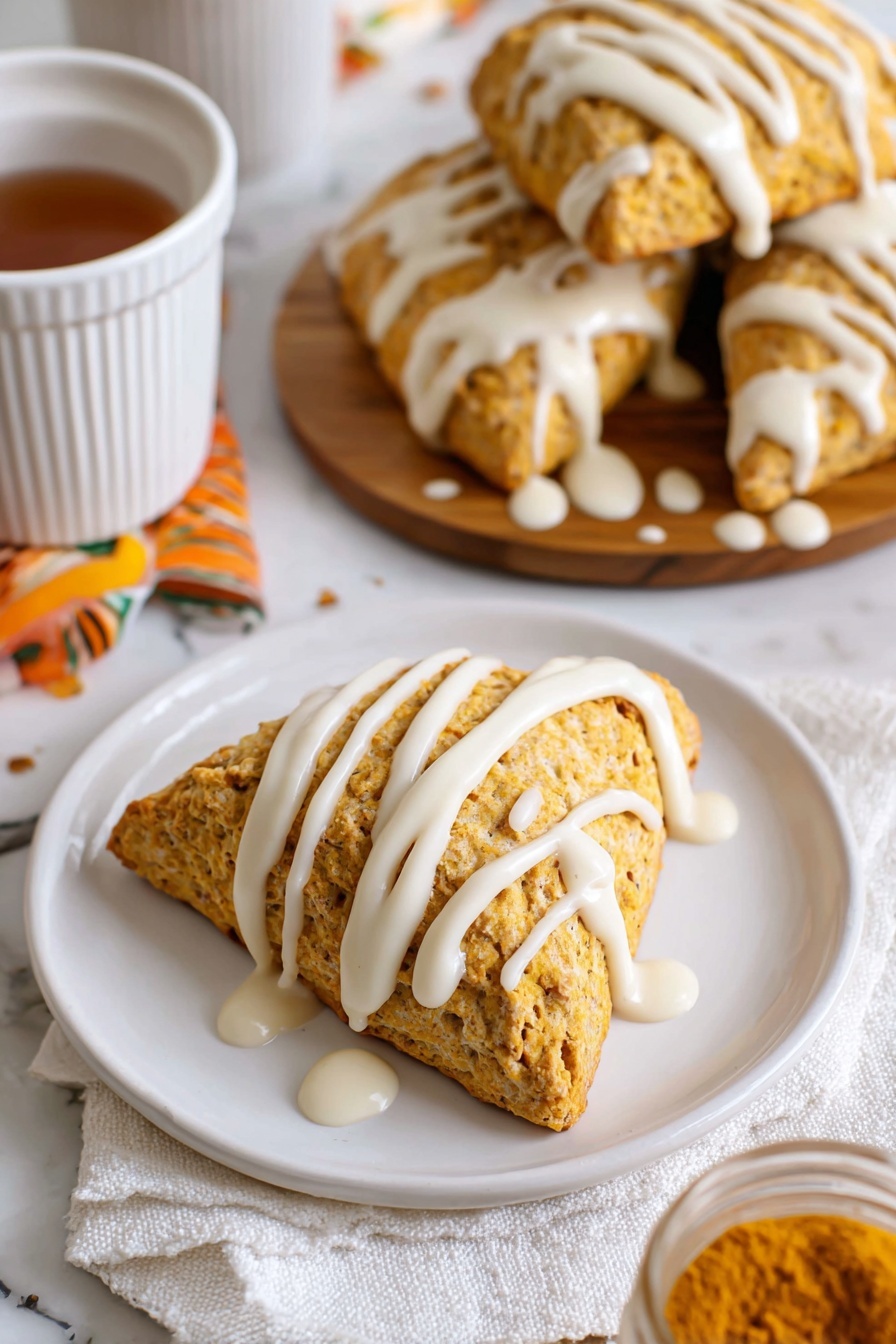 A golden brown triangular scone sits in the center of a white plate, drizzled with thick, creamy white icing in random lines that flow down the sides. Behind the plate, there are other similar scones stacked on top of each other, also covered with the same icing. To the left, there is a wooden board holding some white ramekins. The whole scene is set on a white marbled surface with a white cloth underneath the plate and scones, with a jar of orange pumpkin pie spice slightly blurred in the foreground. Photo taken with an iphone --ar 2:3 --v 7